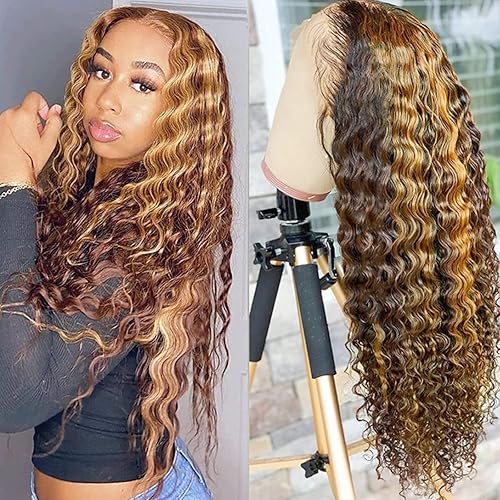 30 Inch Ombre Highlight 13x4 HD Transparent Lace Front Wigs Human Hair Honey Blonde 4/27 Deep Wave Human Hair Wigs for Black Women Curly Wigs Pre Plucked with Baby Hair 180 Density