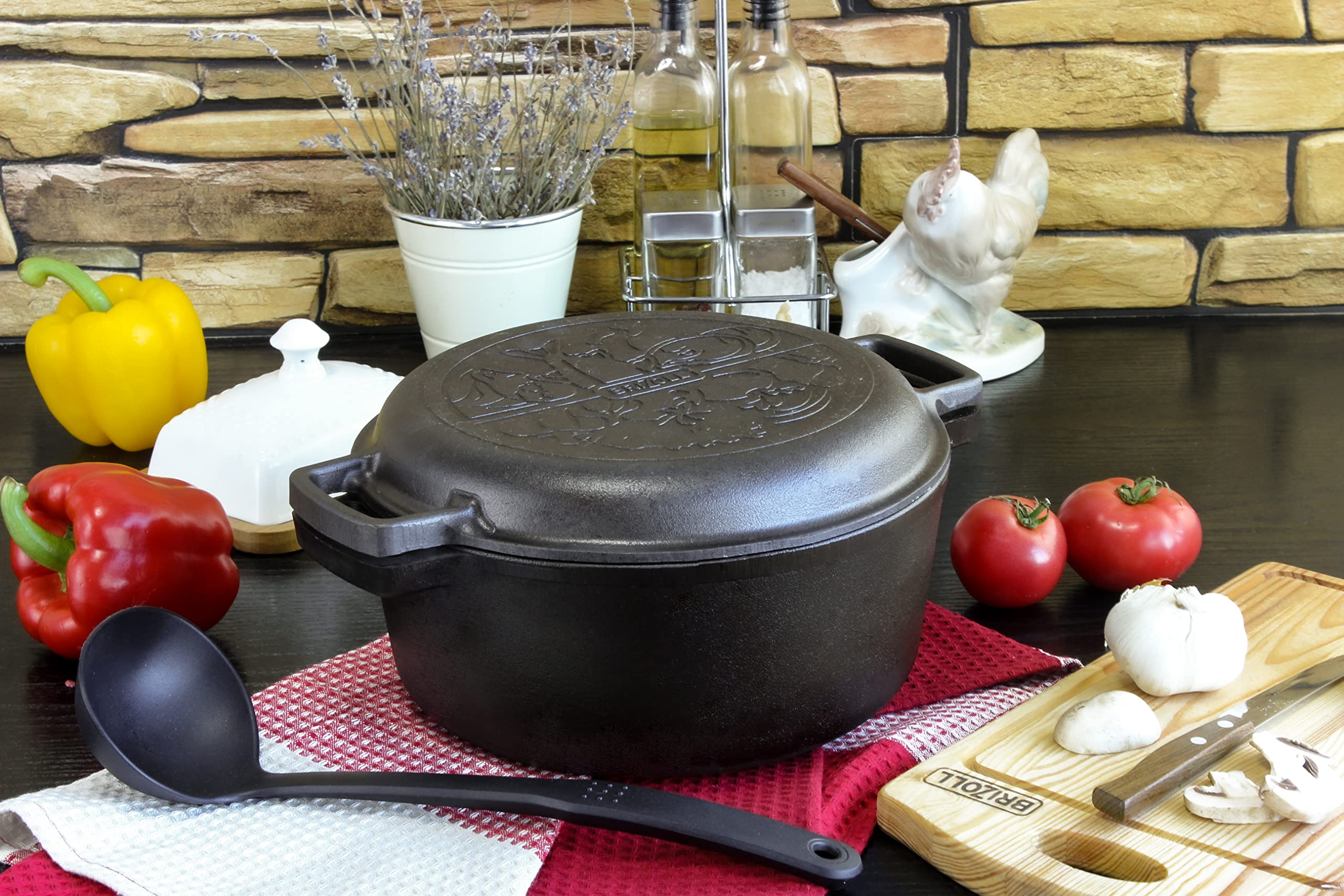 4BIG.fun Casseruola in ghisa con coperchio Ø 28 cm - 6 l - Rostiera con Manici tradizionale in ghisa 2 in 1 - Cocotte Per induzione - Casseruola per pane, per zuppe