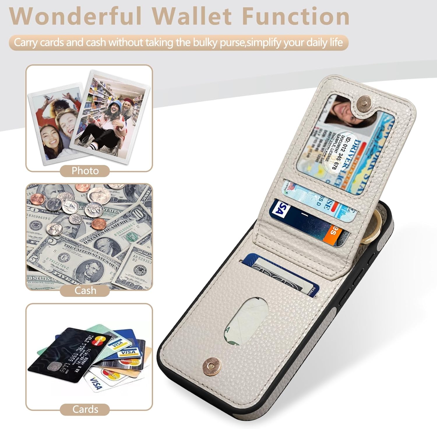 Keallce Case for iPhone 15 Pro 6.1'', Detachable Crossbody Wallet Case with RFID Blocking Card Slots, 360?Stand Ring, Flip Leather Protective Cover Lanyard Shoulder Strap Women for iPhone 15 Pro Beige - Image 3