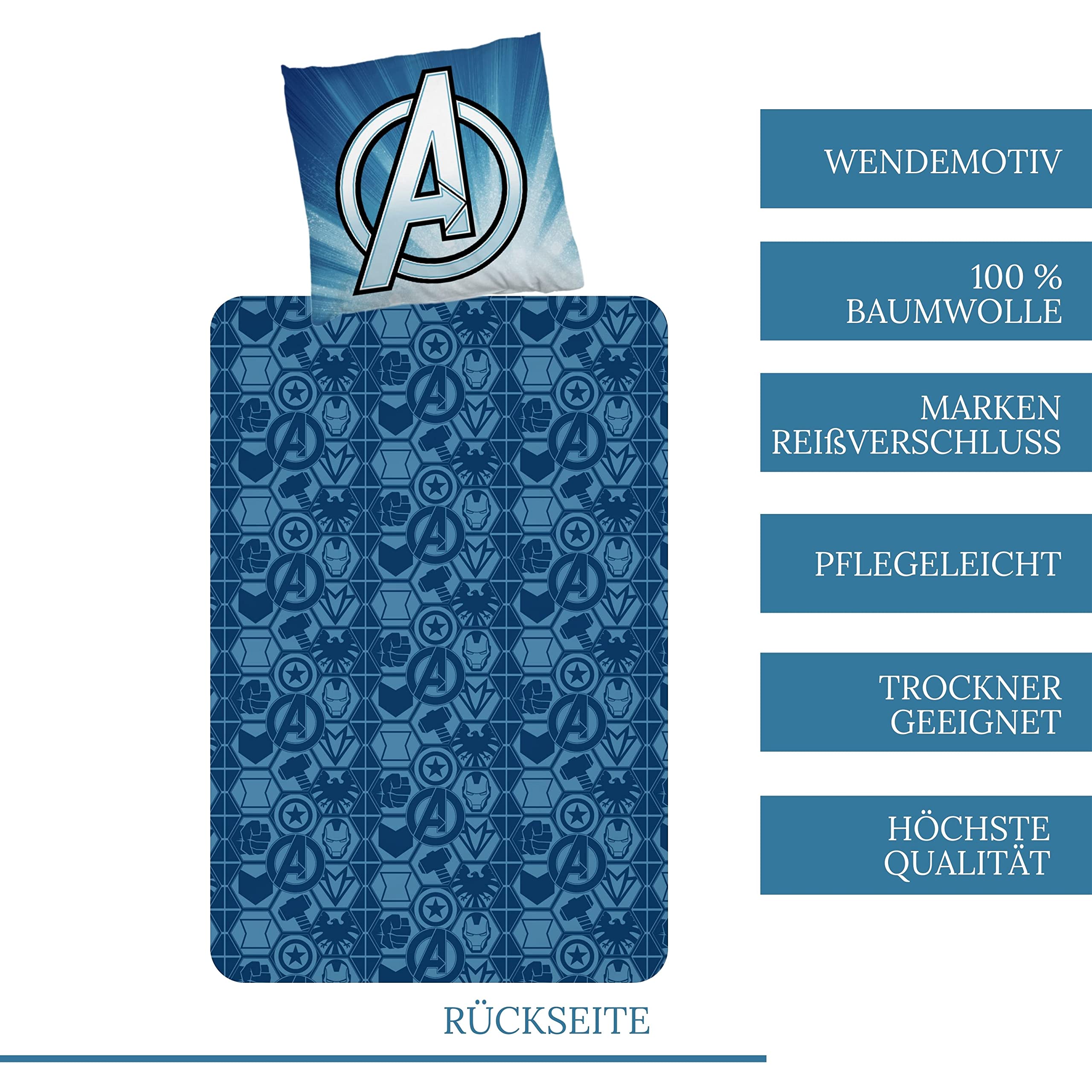 Marvel Avengers Bettwäsche Bettbezug 135x200 80x80 Baumwolle · Kinderbettwäsche Teenager-Bettwäsche Hulk, Captain America · Fanartikel