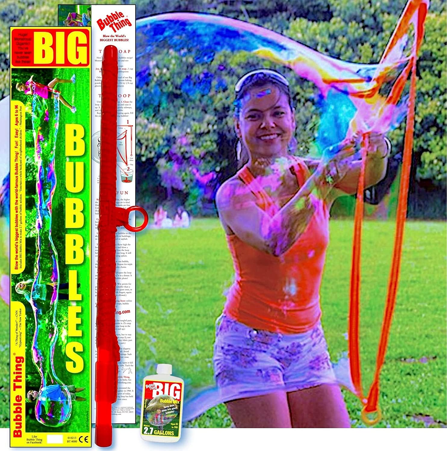 BUBBLETHING The Original Big Bubbles Wand Blows Bubbles 30-feet-Long and More | Includes Big Bubbles Mix to Make 2.7 Gallons of Big Bubble Solution | Easy, Safe Outdoor Family Fun