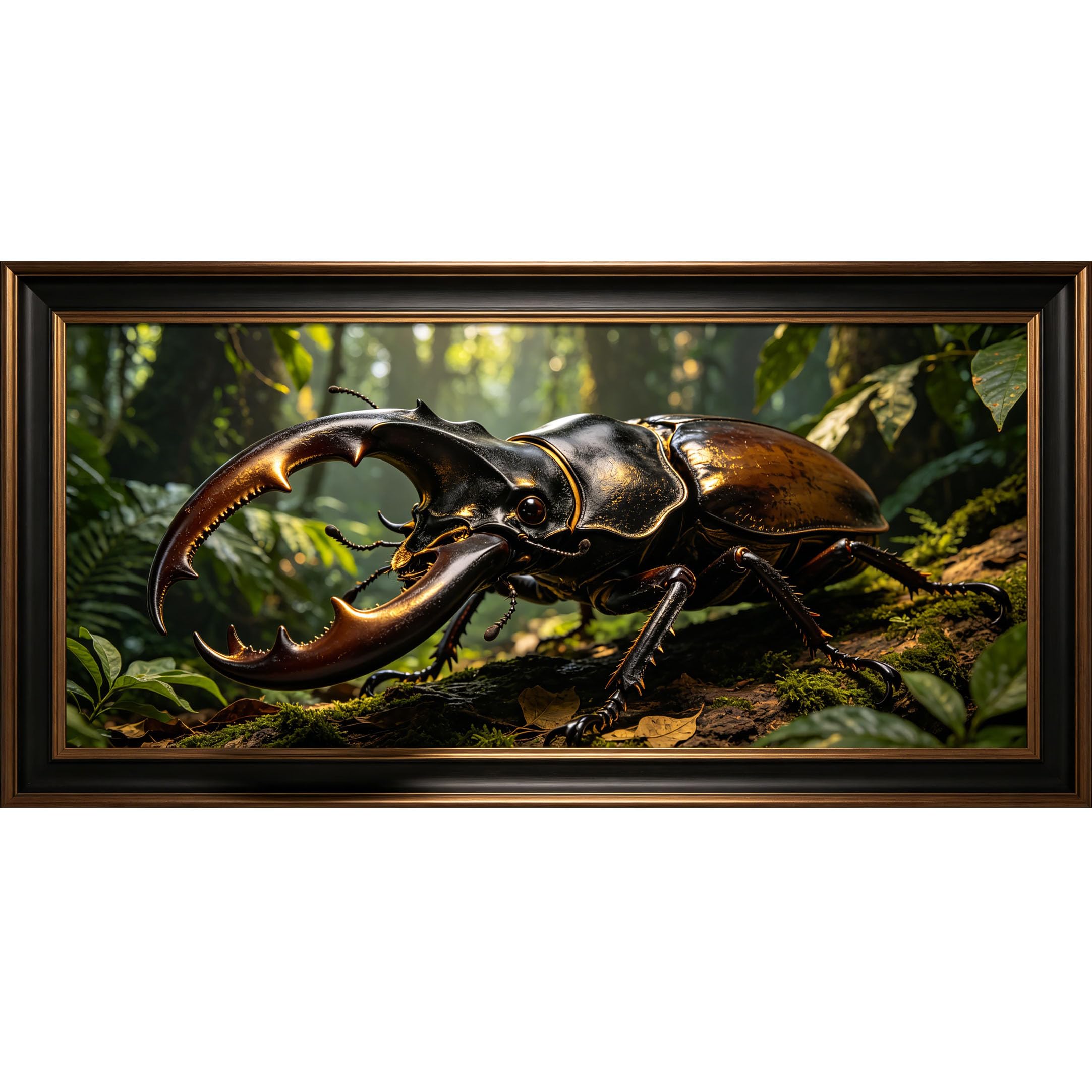 Agglomerix 3D Framed Wall Art Stag Beetle Jungle Tropical Insect Forest Moss Bark Macro Large Size Self-Adhesive Removable Wall Decor Prints Artwork for Living Room Bedroom Office