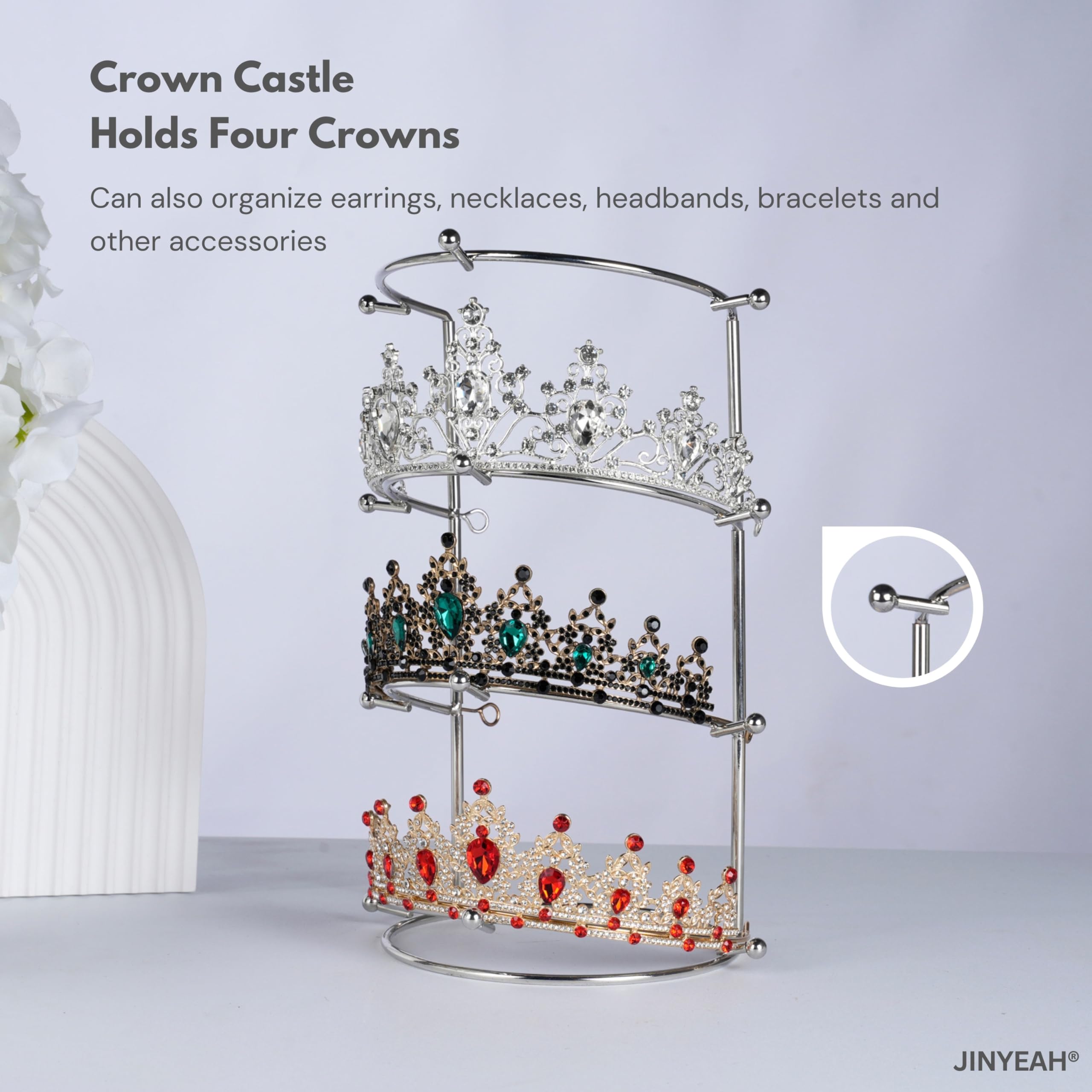 JINYEAH Crown Display 4-Tier Crown Holder Tiara Display Headband Holder Sliver Crown Storage Organizer Jewelry Holder for Women Girls Wedding Home Shop Store Sliver