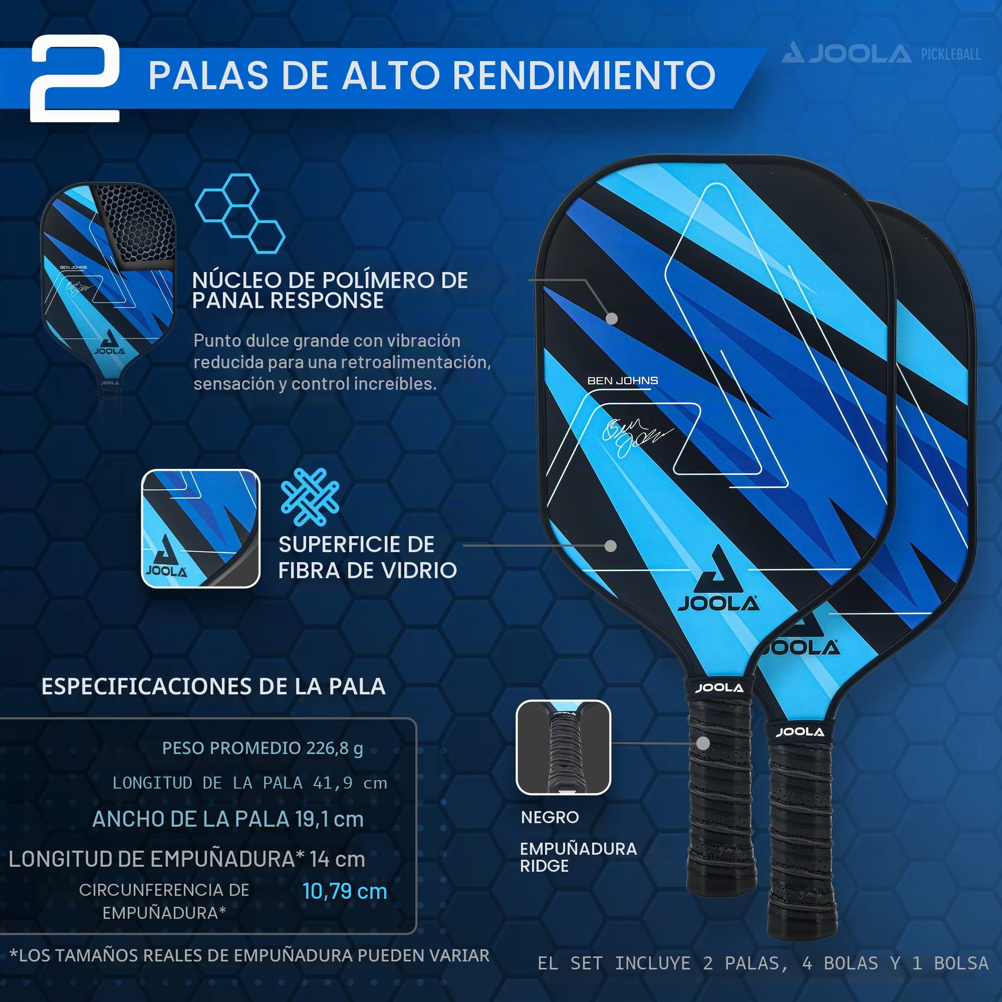 JOOLA Set de Pickleball Blue Lightning Incluye 2 Palas, 4 Pelotas y Bolsa, Ideal para Jugadores Recreativos, 7 Piezas