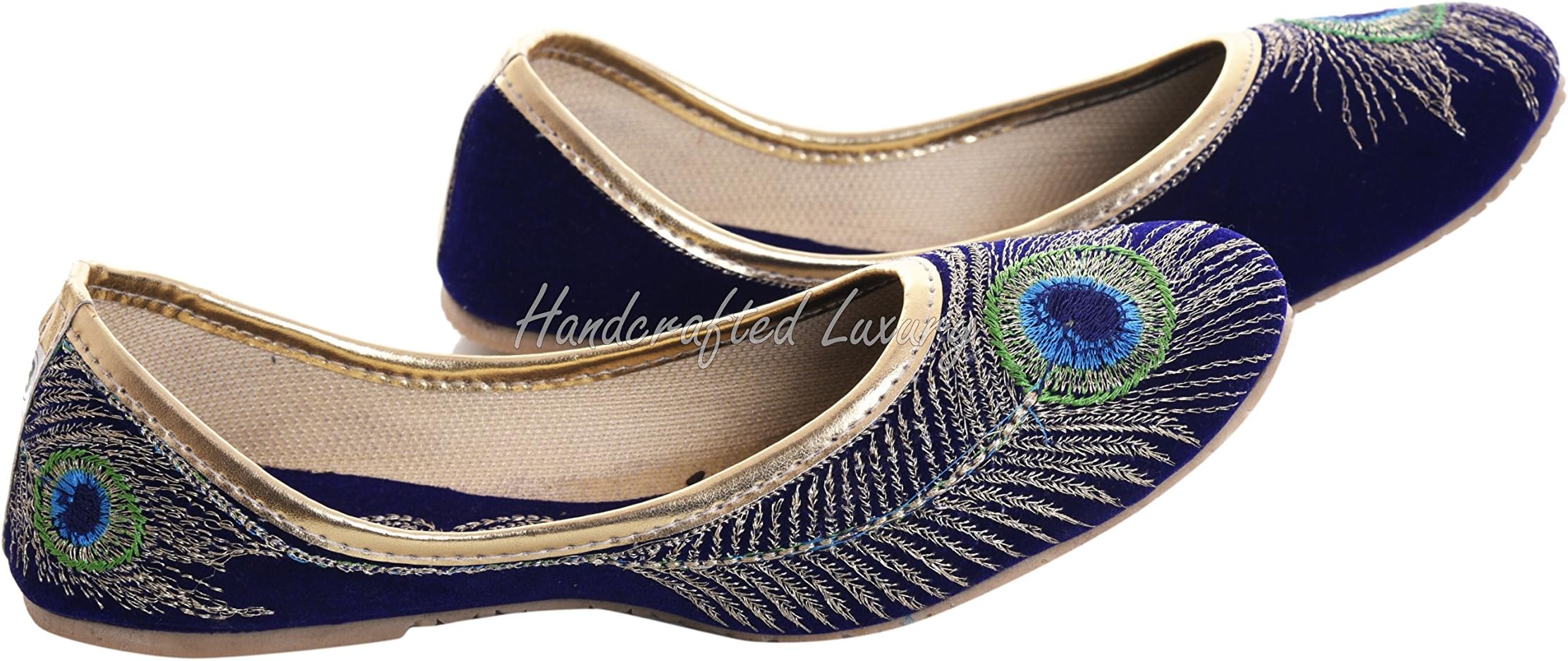 Bridal Women's Velvet Khussa Shoe Peacock Embroidered Mojari Jooti Punjabi Jutti Royal Blue and Golden