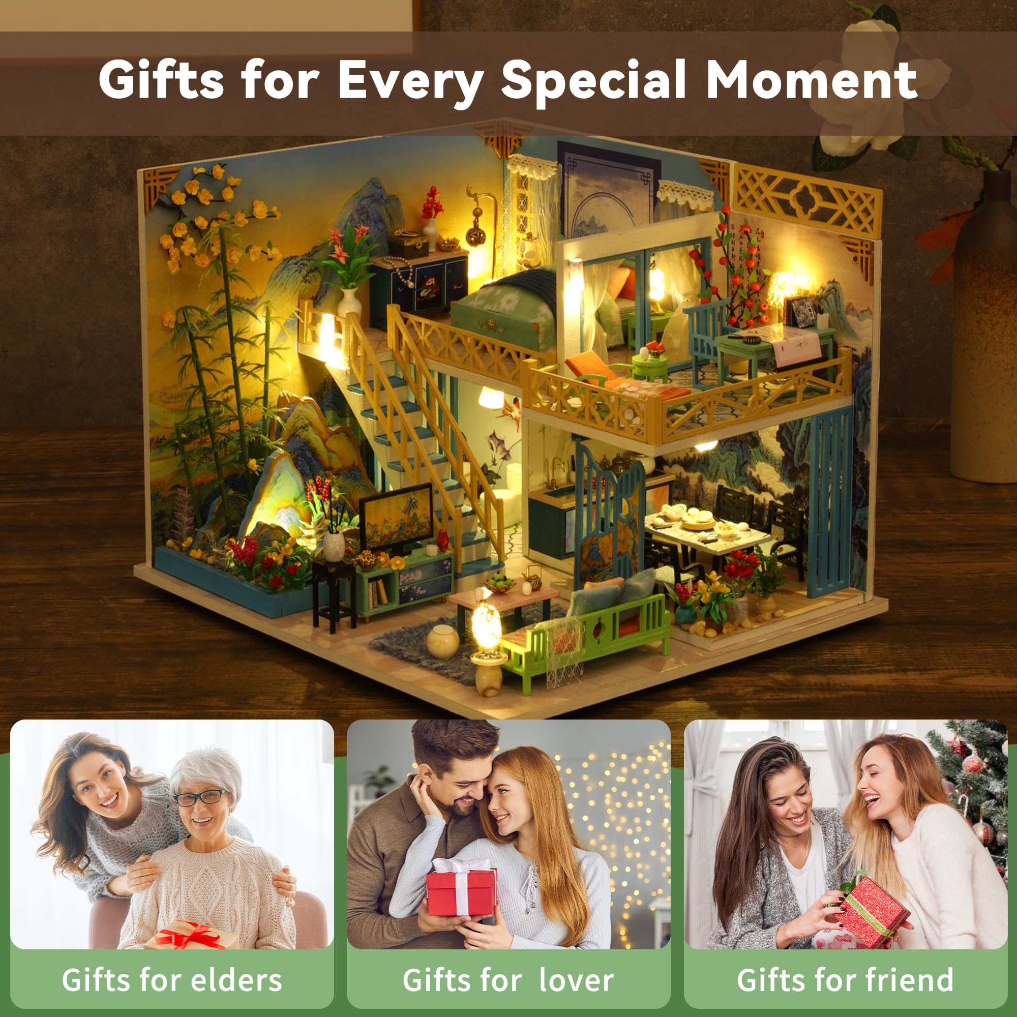 Flever Kit fai da te in legno per casa in miniatura con mobili, regalo creativo per amanti e amici (paesaggio blu e verde)