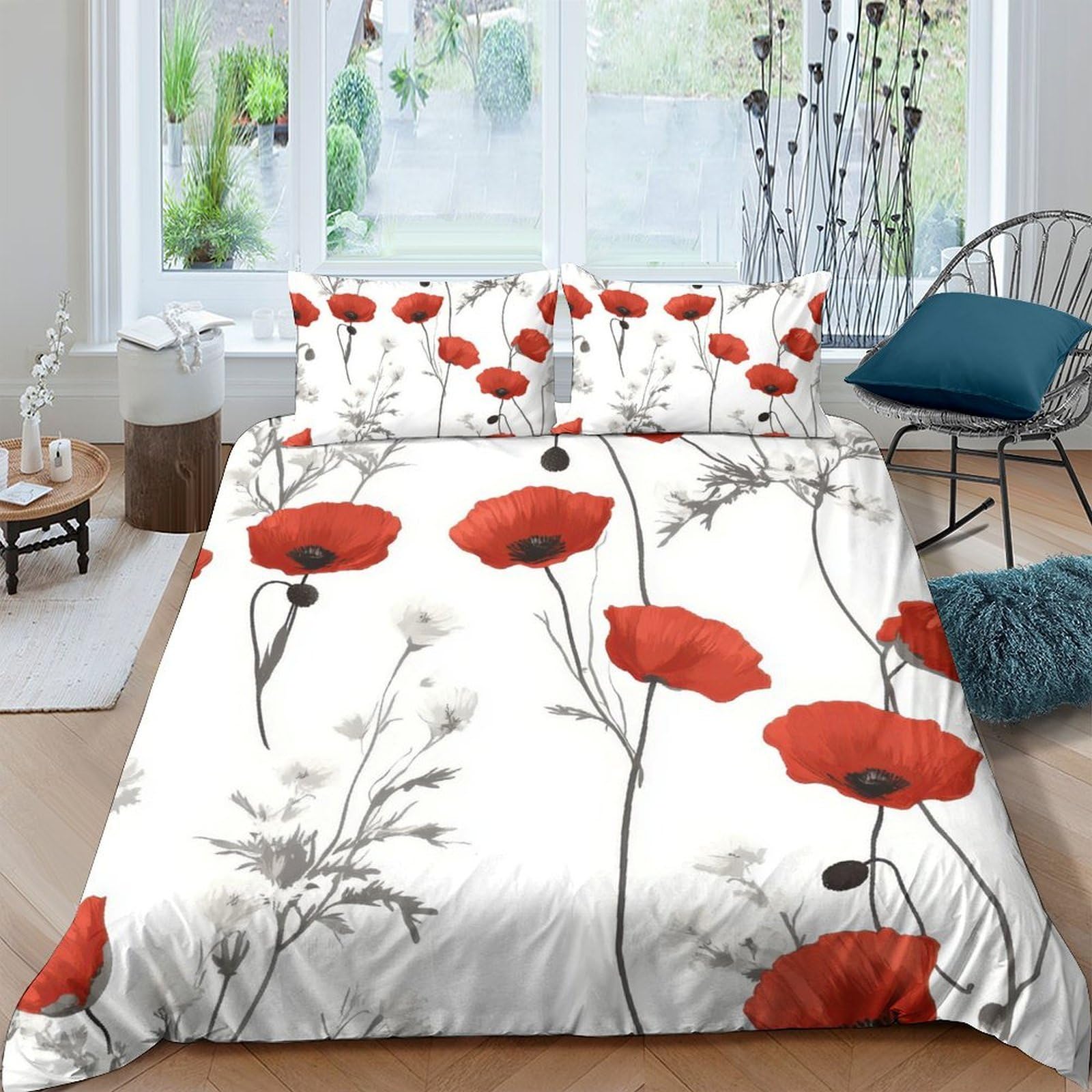 Ctjqhvkz Style-5 3D Printed Red Poppy Flower Fitted Sheet Microfiber Soft Breathable Meadow Bed Cover For Bedroom Dorm Mattress Decor Single（135X200cm）