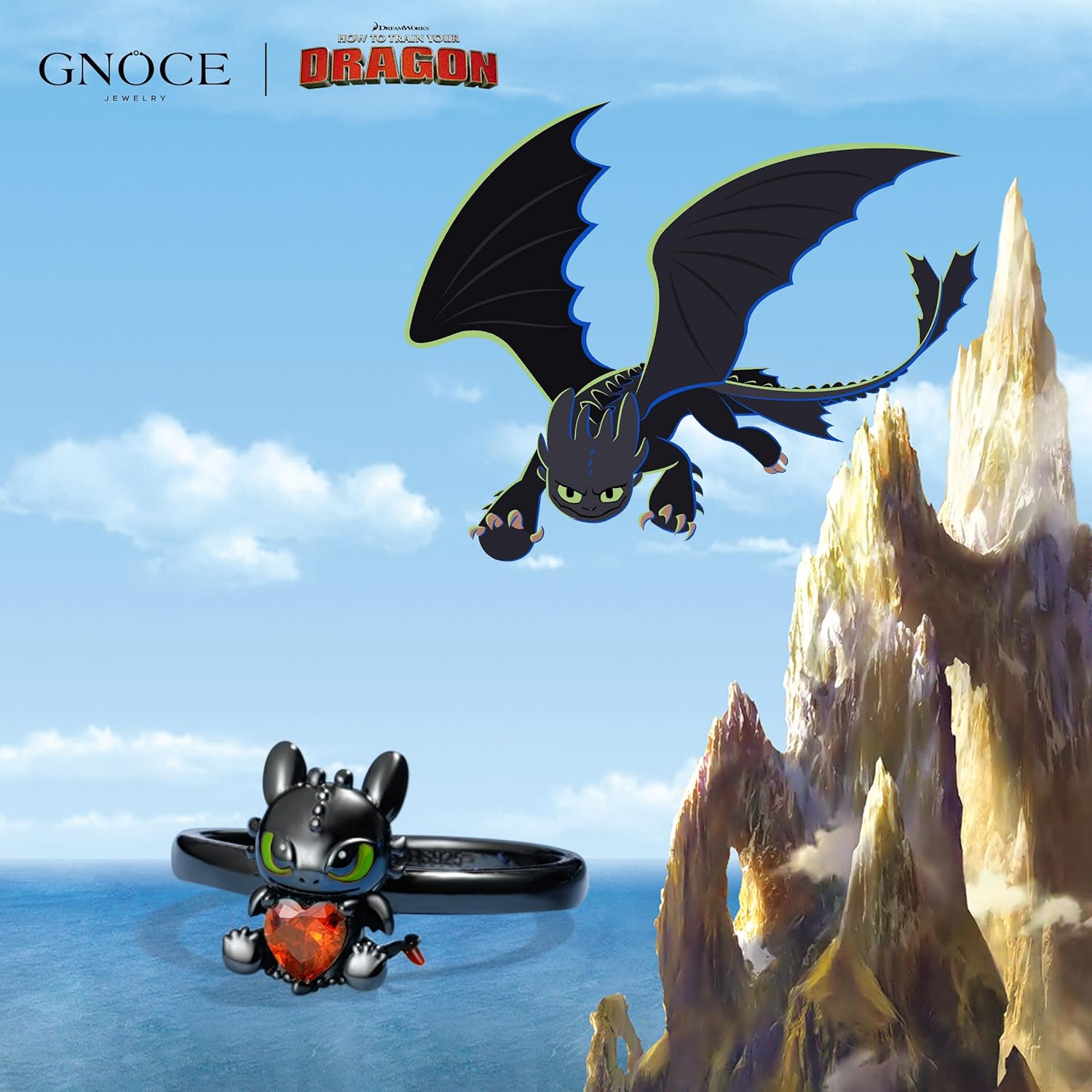 GNOCE HTTYD Train Your Dragon Toothless Embraces Heart Ring for Women,S925 Sterling Silver Ring for Her Wife, Valentine‘s Day, Mother’s Day, Jewelry, Size 5-9