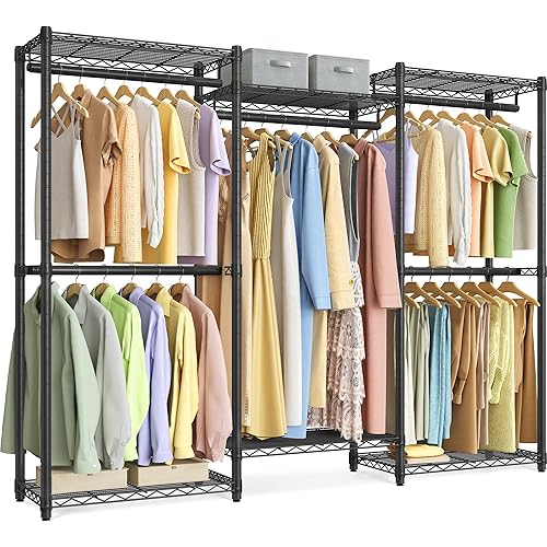 SONGMICS Heavy-Duty Clothes Rack, Garment Rack, Portable Closet, 68.7-Inch Wide Clothing Rack with Adjustable Mesh Shelves and Hanging Rails, Ink Black ULGR433B01