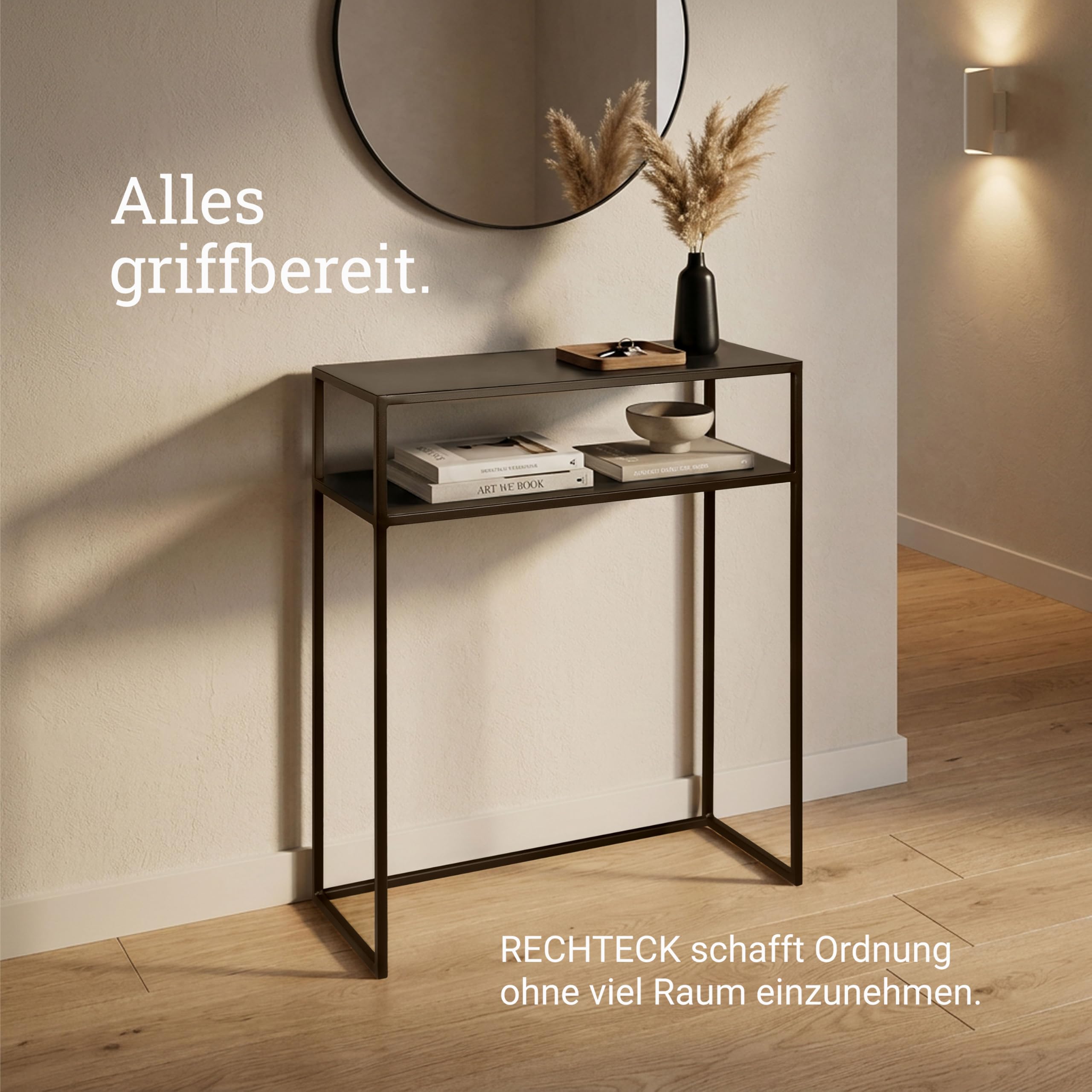 Natural Goods Berlin 1x RECHTECK Konsolentisch Schwarz - Schmales Sideboard Outdoor Regal Hinter Couch Regal Hinter Sofa - Beistelltisch Schwarz Metall - Konsolentisch Schmal - Standregal - Side Table