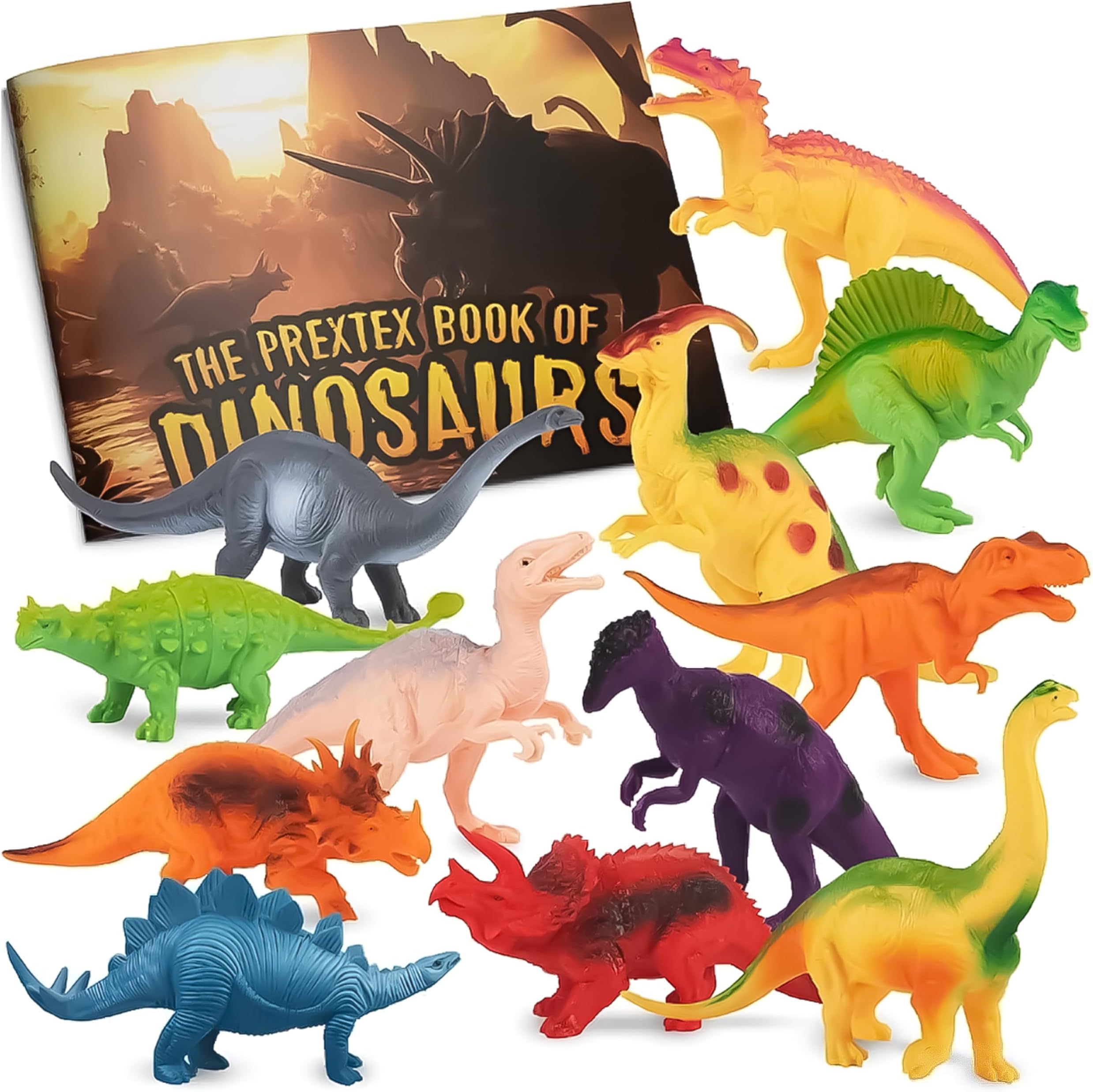 Dinosaur Figures for Kids 3-5+ (12 Plastic Dinosaurs with Educational Book)