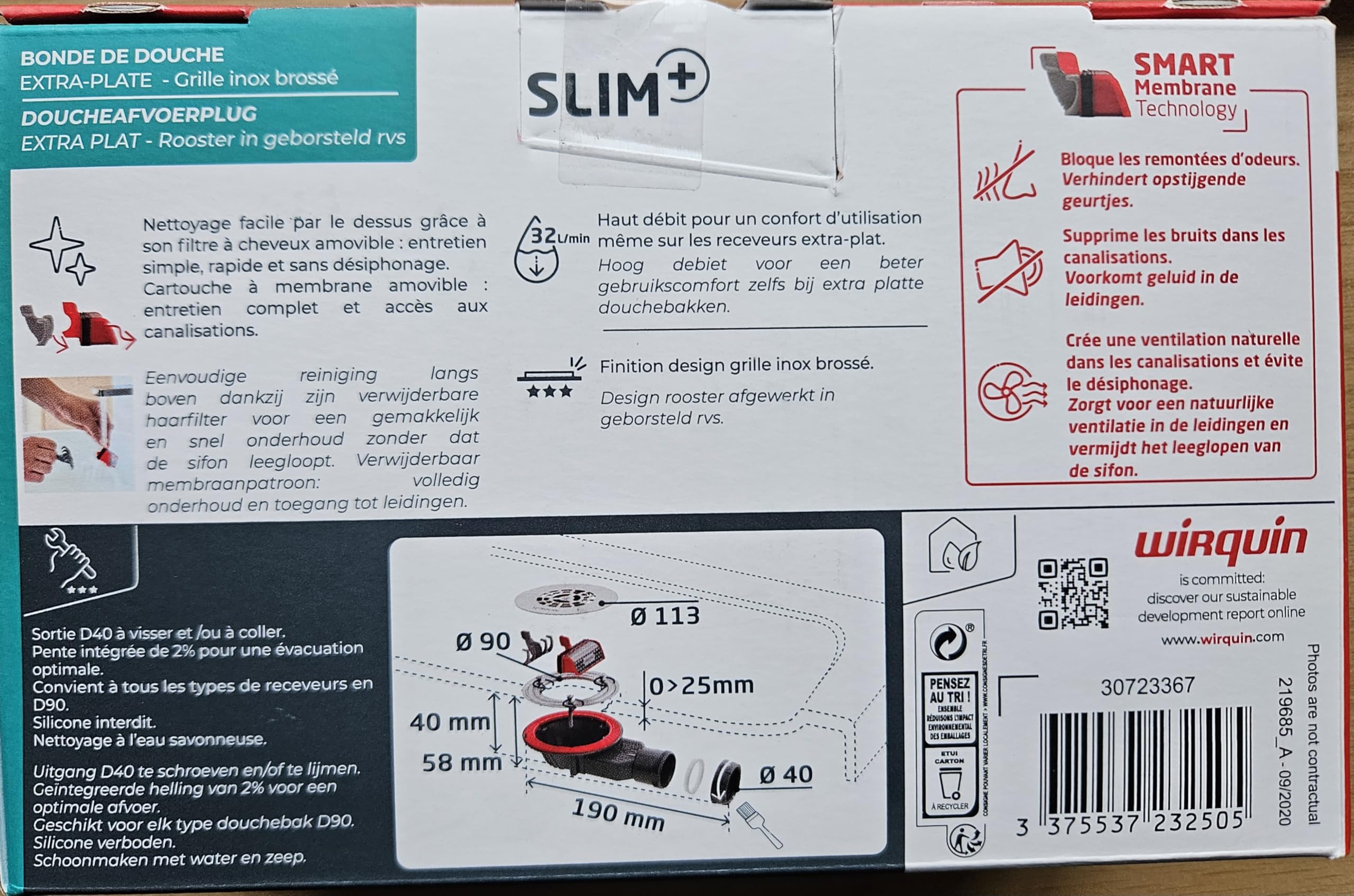 Wirquin Slim+ Duschablauf, extraflach, Ø 90 mm, SMART Membran, Gitter, flach, gebürsteter Edelstahl