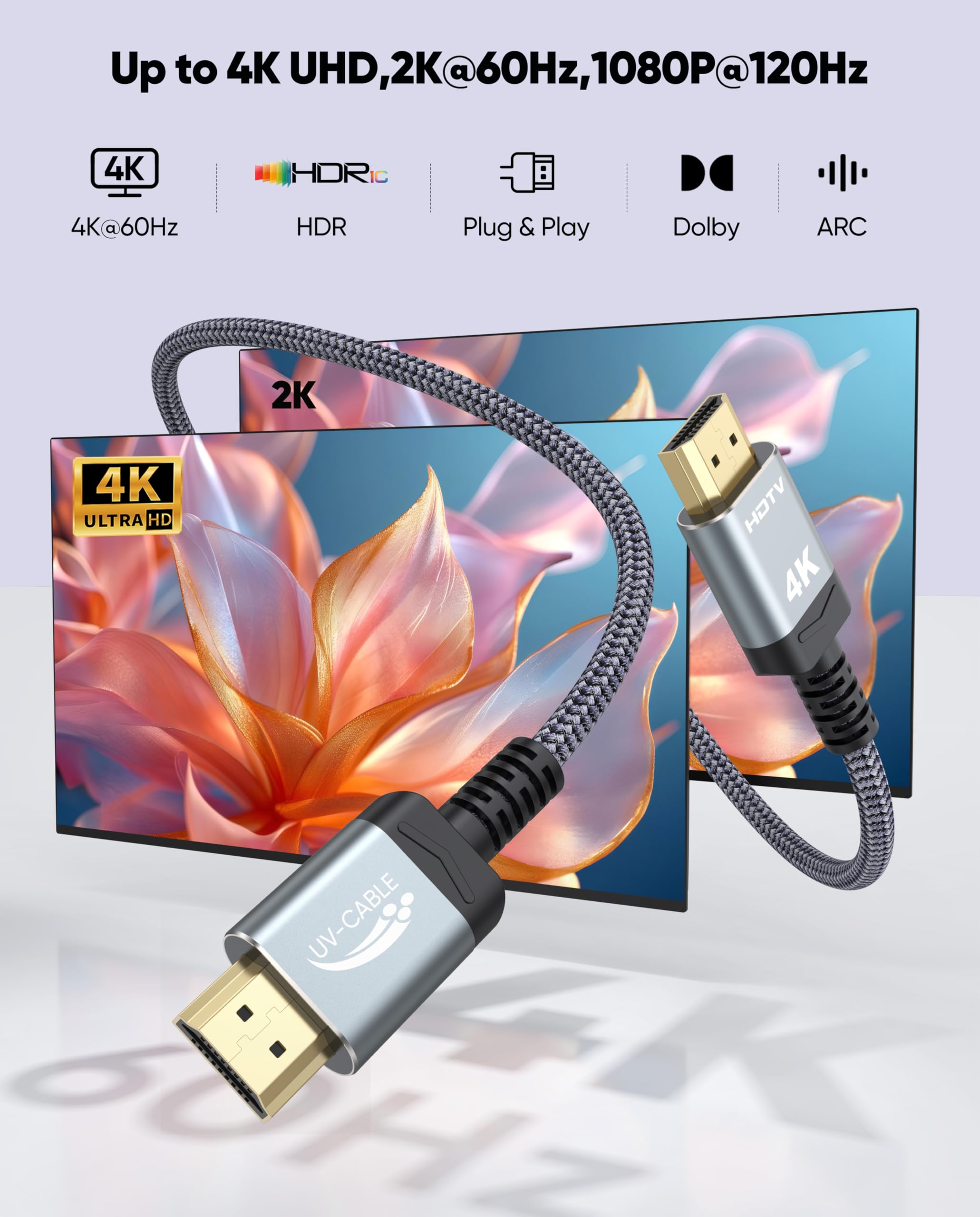 Cavi HDMI lunghi 6 m, ad alta velocità, sottile, HDMI 2.0, certificato CL3, in nylon intrecciato (fascetta riutilizzabile x 5) con 3D, HDR, ARC/eARC per HDTV, proiettore, TV, monitor, computer, casa