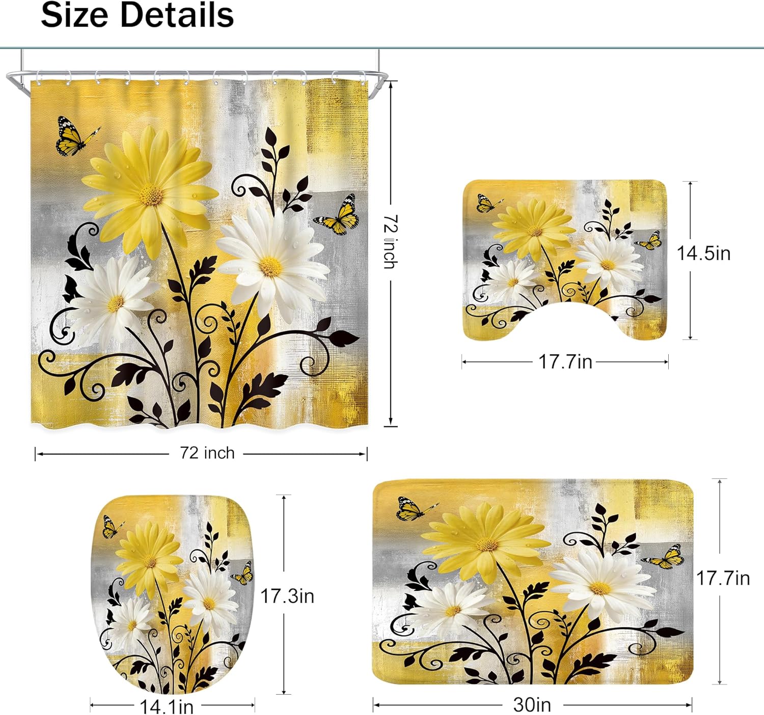 4 PCS Floral Yellow Grey Bathroom Set with Shower Curtain and Rugs 72Wx72H Inch Modern Abstract Daisy Brush Non-Slip Bath Rug Toilet Lid Cover and U Shape Mat Accessories 12 Hooks Bathoom Decor