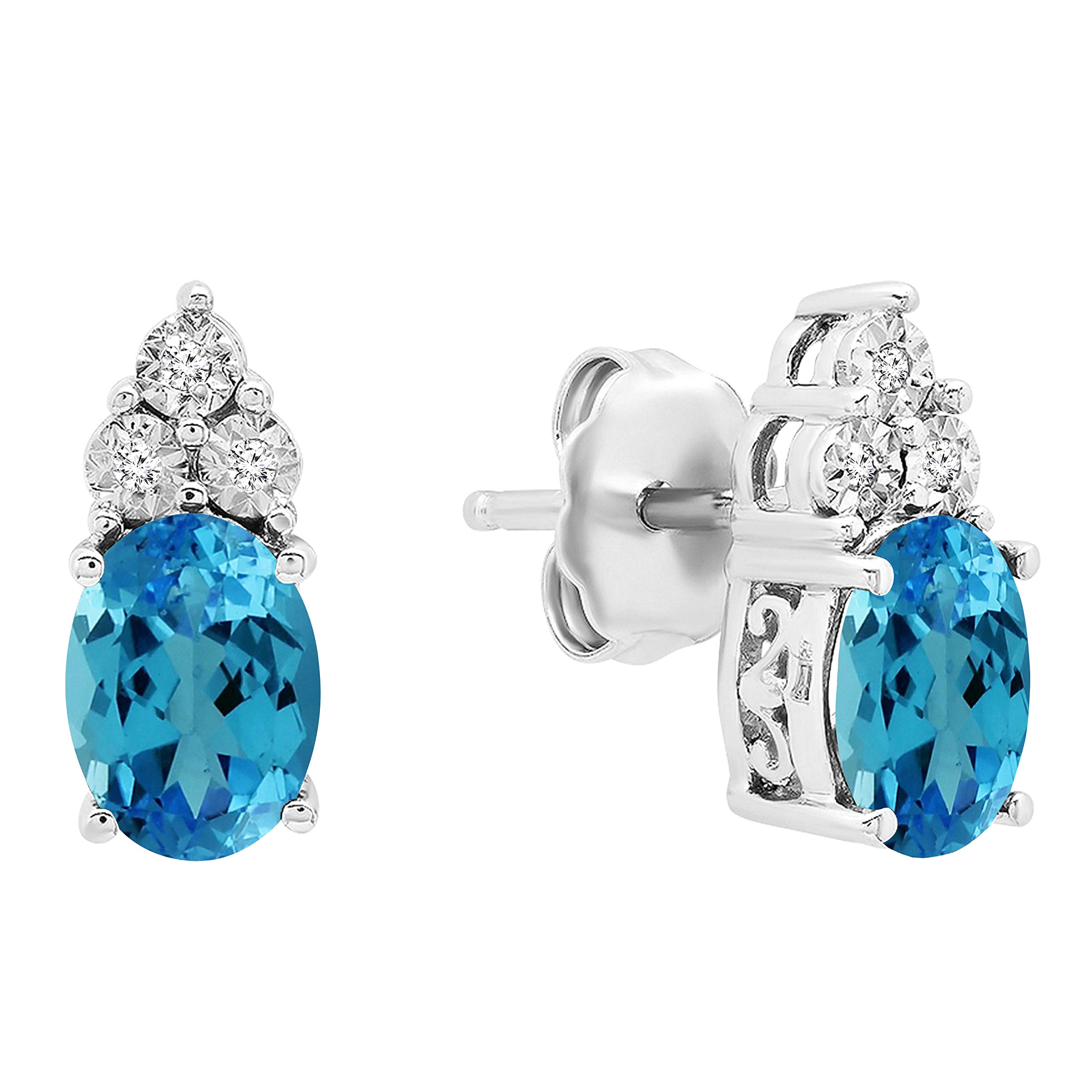 Dazzlingrock Collection 7X5 MM Each Oval Blue Topaz & Round White Diamond Women Stud Earrings, Sterling Silver