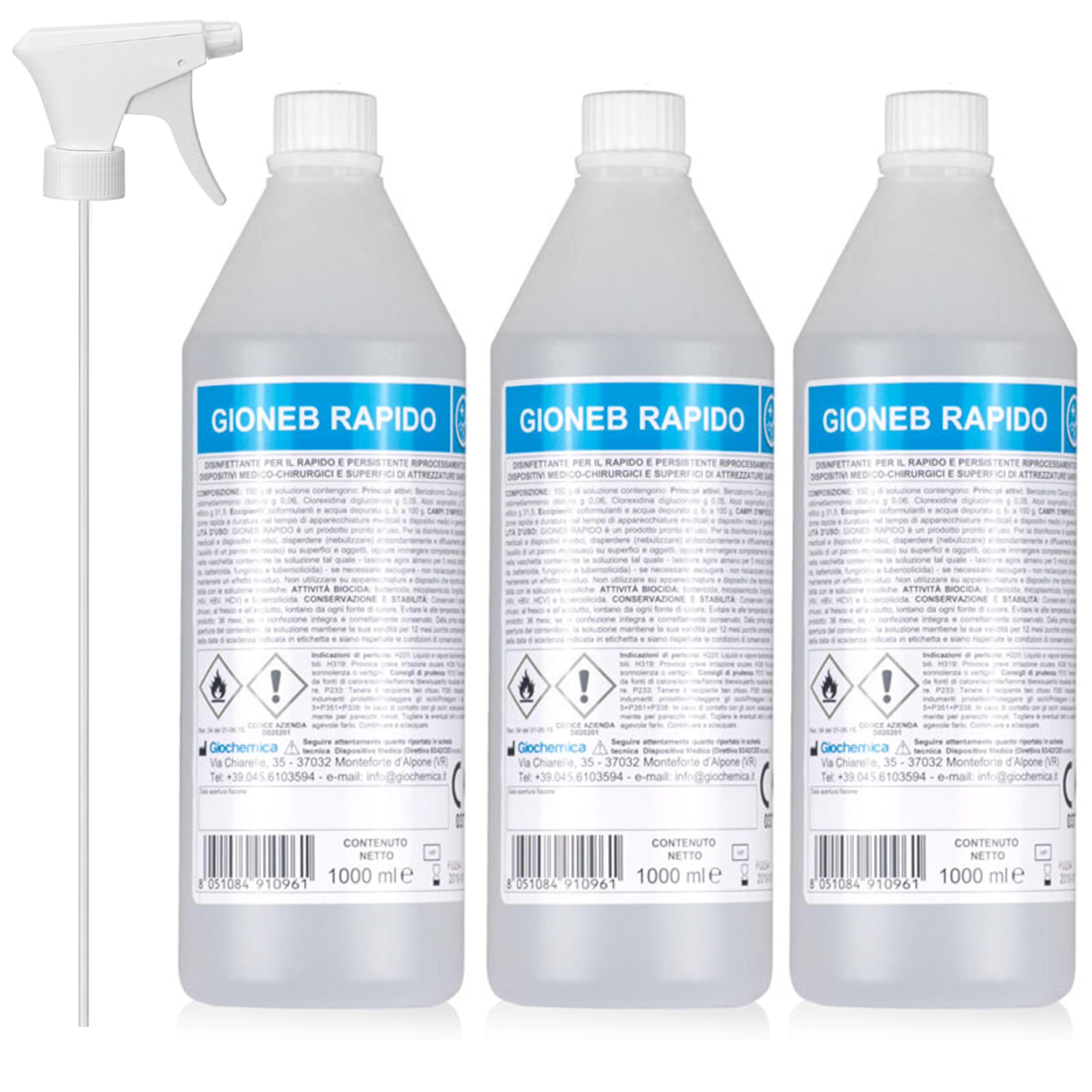 Disinfettante spray per superfici e strumenti chirurgici ad ampio spettro, 3 flaconi da 1000 ml, Pronto uso - GIONEB RAPIDO
