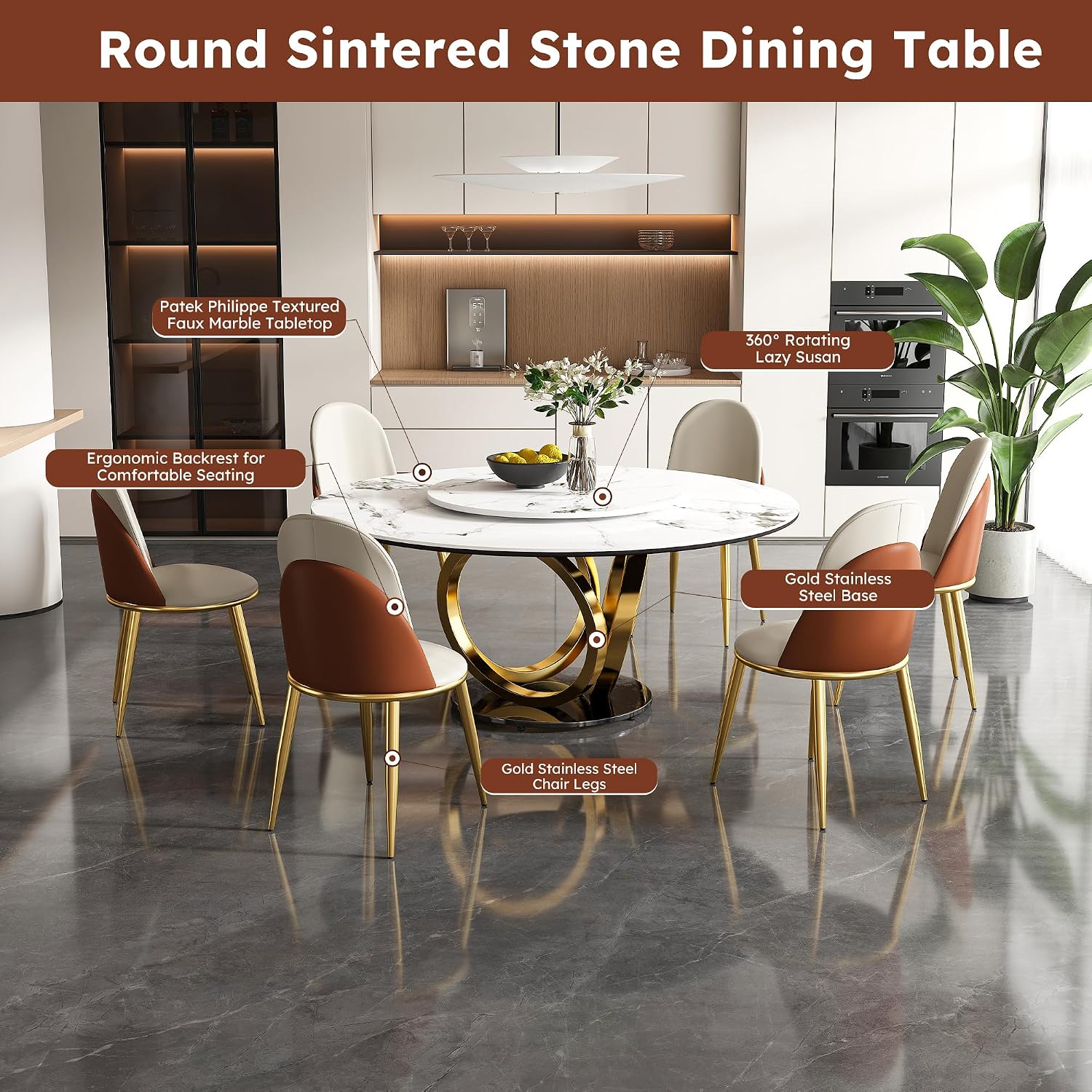 Leavader 7-Piece Dining Table Set - 59" Round Dining Table with Rotating Tray, 1 Faux Marble Round Table & 6 PU Leather Chairs, Morden Round Stone Dining Room Set for 6-8 (White & Golden 2)