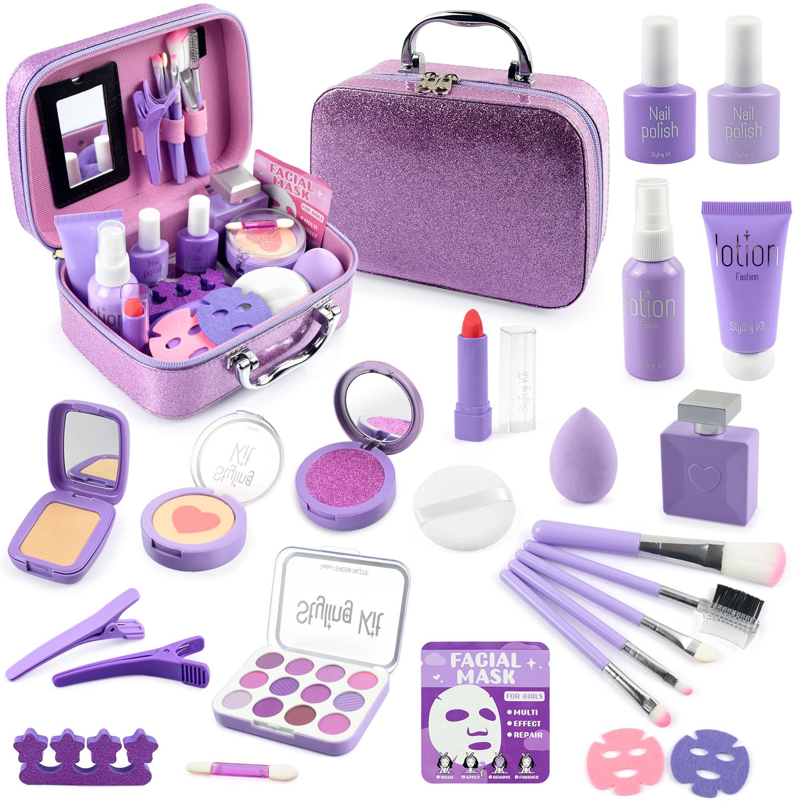AUTOMP Pretend Makeup Toy Set for Girls Ages 3-10, 25PCS Realistic Makeup Kit with Cosmetic Case (Not Real Cosmetics), Non-Toxic Educational Role Play Gift