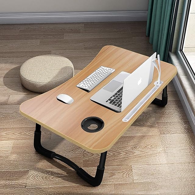 A3A ACADGQ Stolik na laptopa, składany, stolik pod laptopa, z 4 portami ładowania USB, szuflada, pojemnik na kubki, do łóżka, sofy, podłogi (60 x 40 cm, kolor drewna)