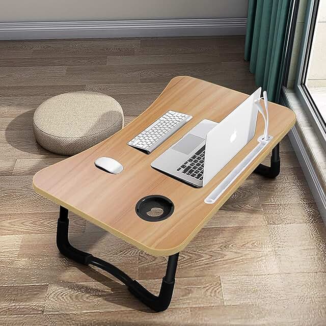 A3A ACADGQ Bed Table, Folding Laptop Table with 4 USB Interface, Drawer, Cup Slots, Tablet Stand, Desk for Bed, Sofa, Floor 60 x 40 cm, Wood Colour