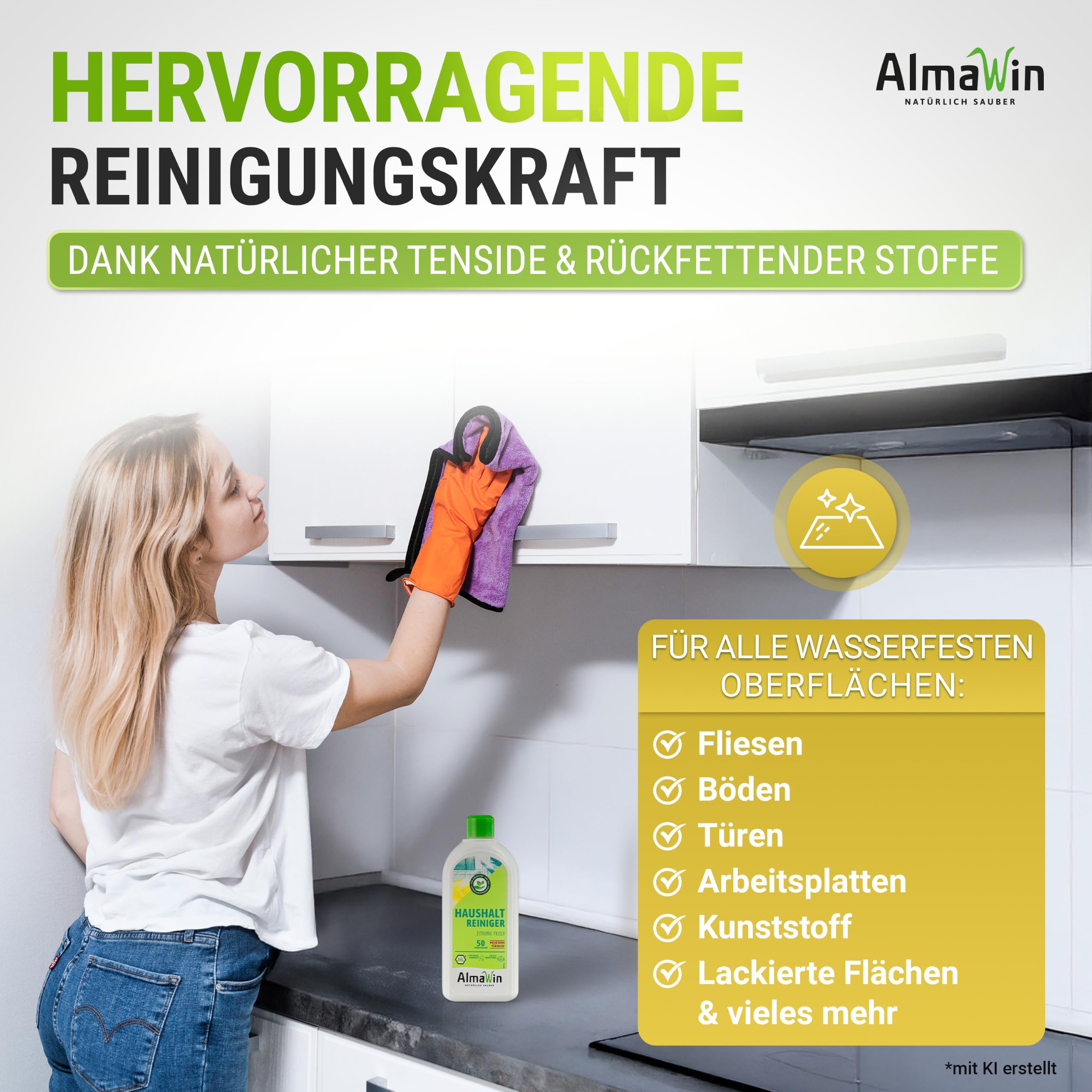 AlmaWin® Haushalt Reiniger [20L] zur Reinigung & Pflege wasserfester Oberflächen - Allzweckreiniger mit Zitronenduft - Universal Reiniger Konzentrat - Entfernt Schmutz, Fett & Staub - Bio & VEGAN