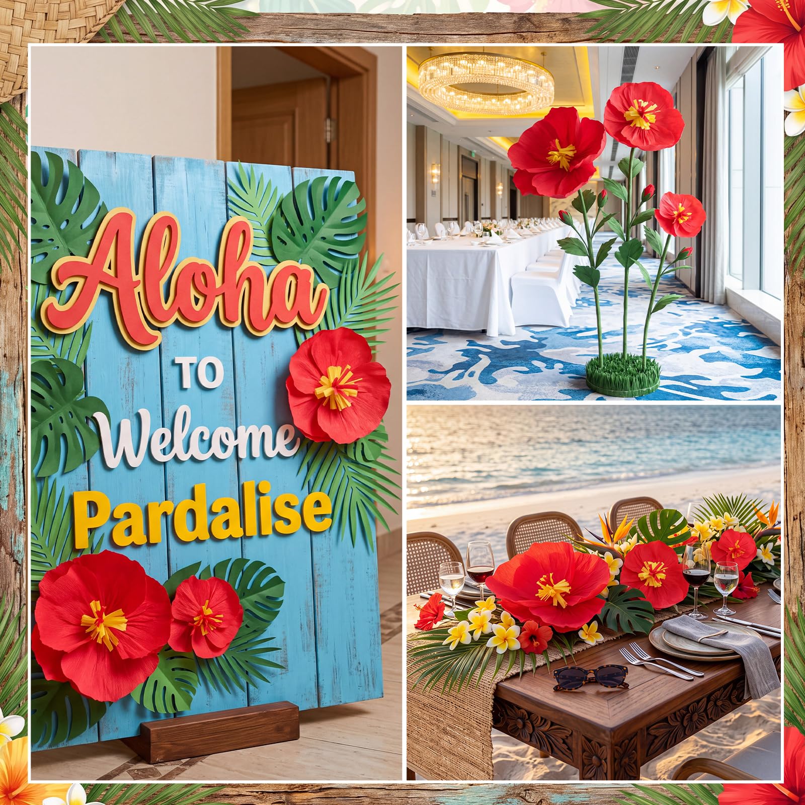 AmazingSpark Lot de 18 pompons géants en papier de soie motif hibiscus hawaïen 45,7 cm, 30,5 cm, 15,2 cm, fleurs hawaïennes, hibiscus rouge, anniversaire, fête prénatale, mariage, fond de soleil