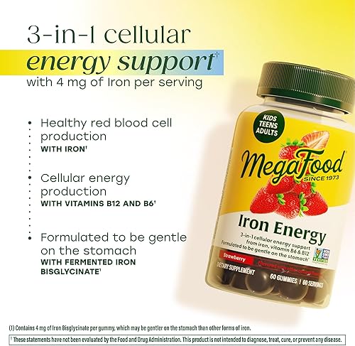 Miniatura 3 de Gomitas de hierro y energía de MegaFood, suplemento de hierro para mujeres, hombres, adolescentes y niños con vitamina B12 y B6, vitaminas, de los