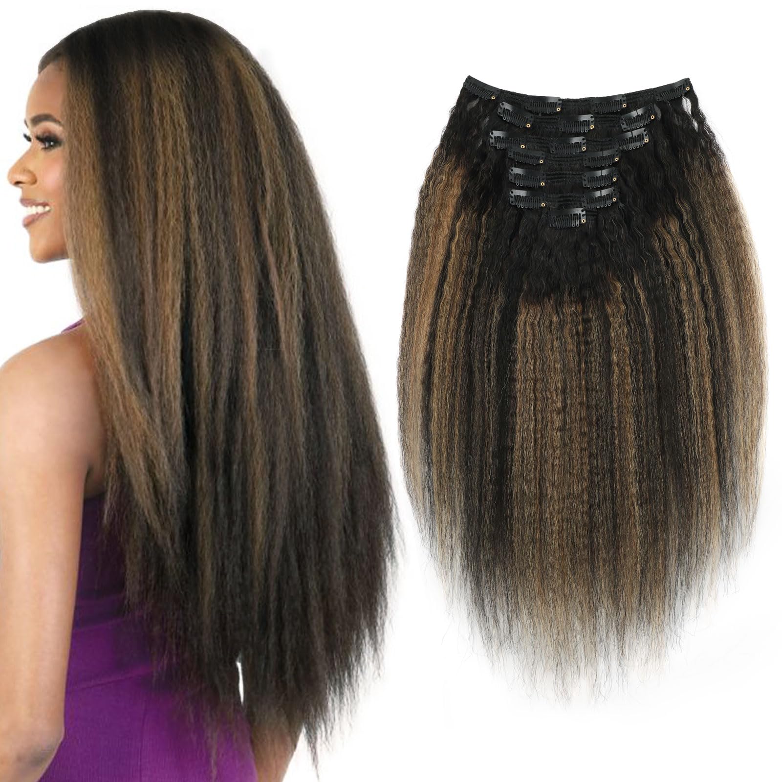 ABH AMAZINGBEAUTY HAIR Kinky Straight Clip in Hair Extensions Human Hair Rooted Black Piano Natural Black #1B With Caramel Blonde #27 Kinky Clip ins
