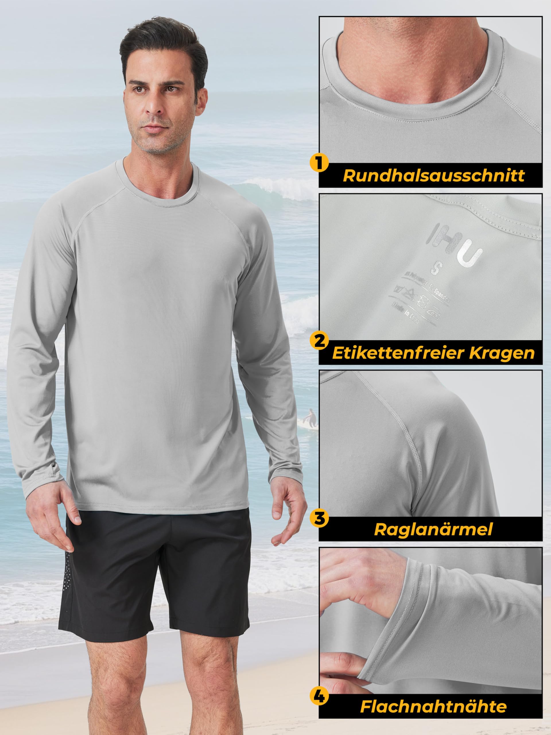 IHU 4er Pack UV Shirt Herren Langarm UPF 50+ Sonnenschutz Langarmshirt Outdoor Atmungsaktives Rashguard für Surfen