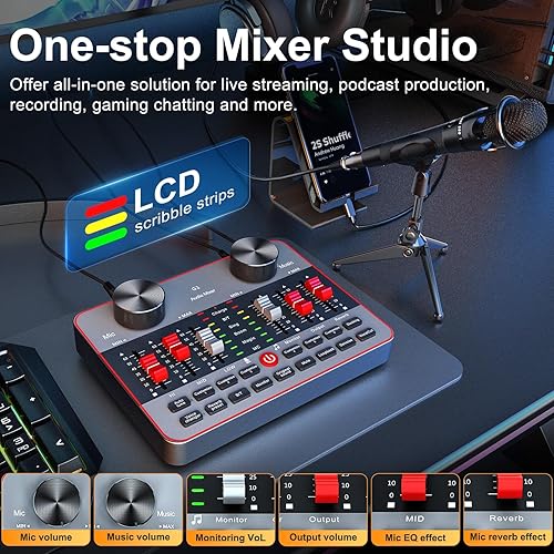 Miniatura 2 de Paquete de equipo de podcast para 2 micrófonos Tiktok Video Creator Kit, interfaz de audio, mezclador de DJ, tarjeta de sonido, micrófono de