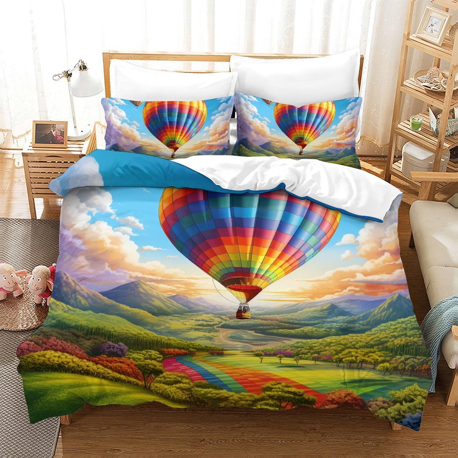 Housse de couette 3D ballon à air chaud 200x200 cm avec taies d'oreiller pour lit double
