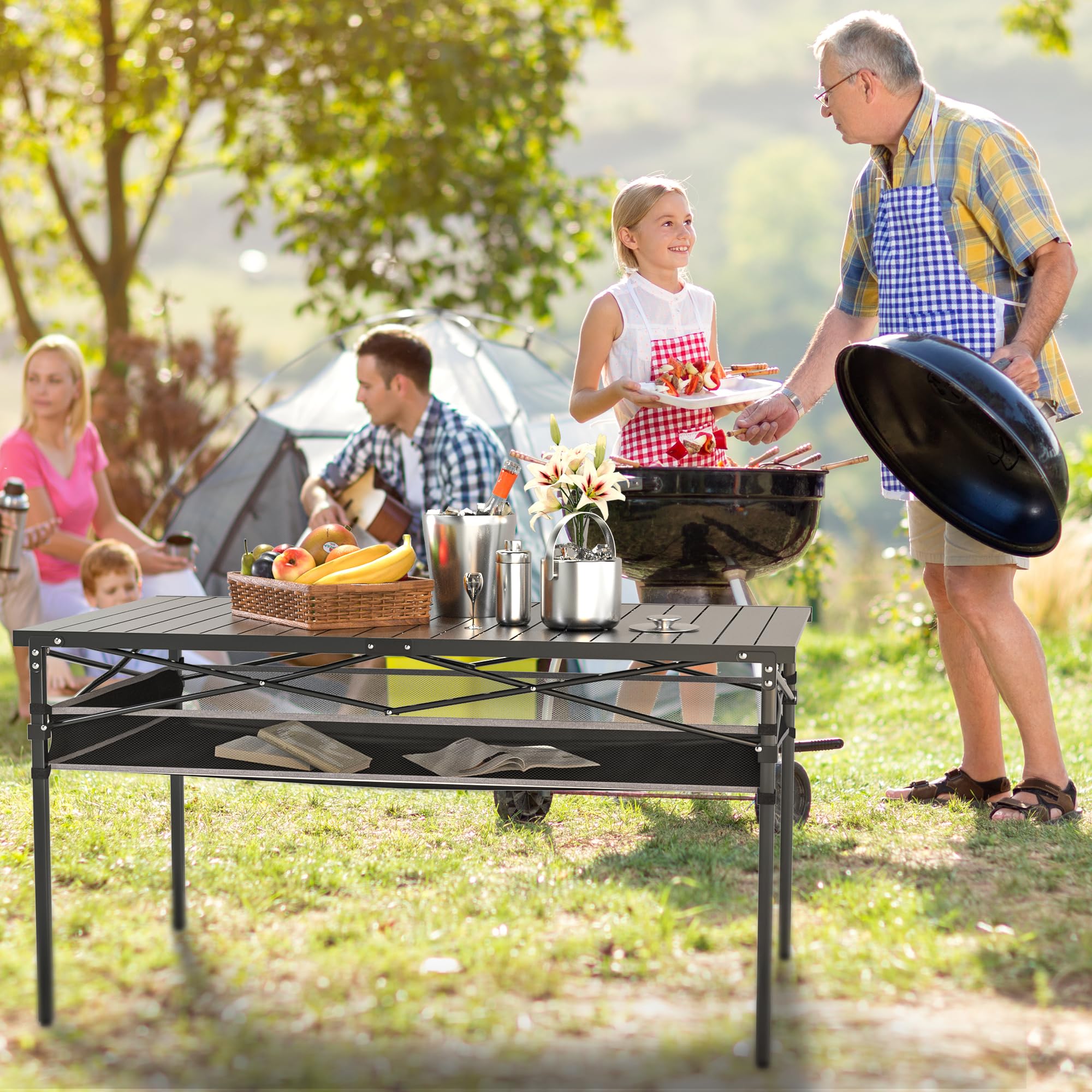 Campingtisch Klappbar mit Aluminium Aufrollbare Tischplatte, Camping Rolltisch Faltbar für 4-6 Personen mit Netztasche, Klapptisch Camping mit Tragetasche bis 100KG