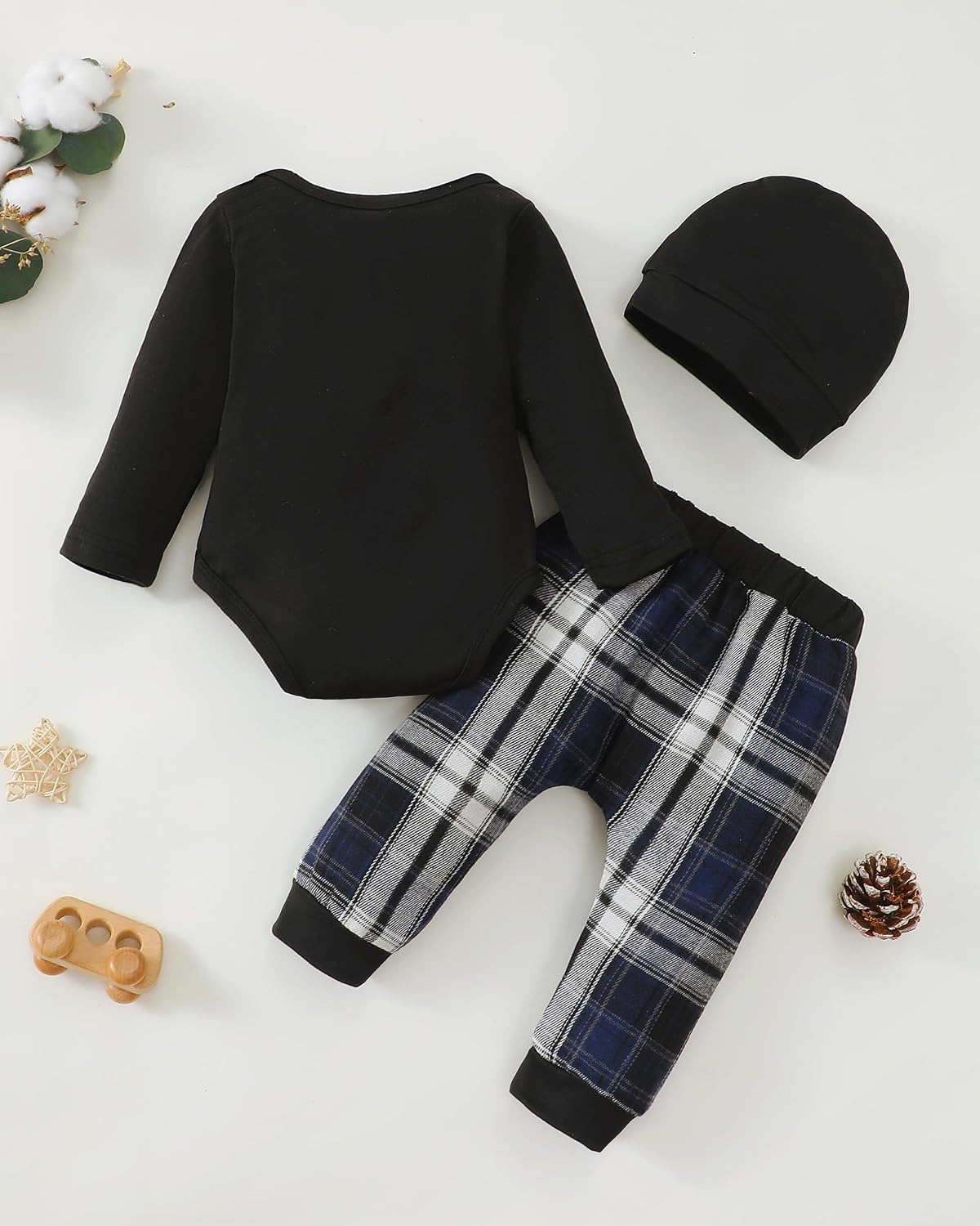 Renotemy Newborn Baby Boy Fall Clothes, Long Sleeve Letter Printed Rompers Plaid Pants Hat Outfits Clothing Set 0-18 Months
