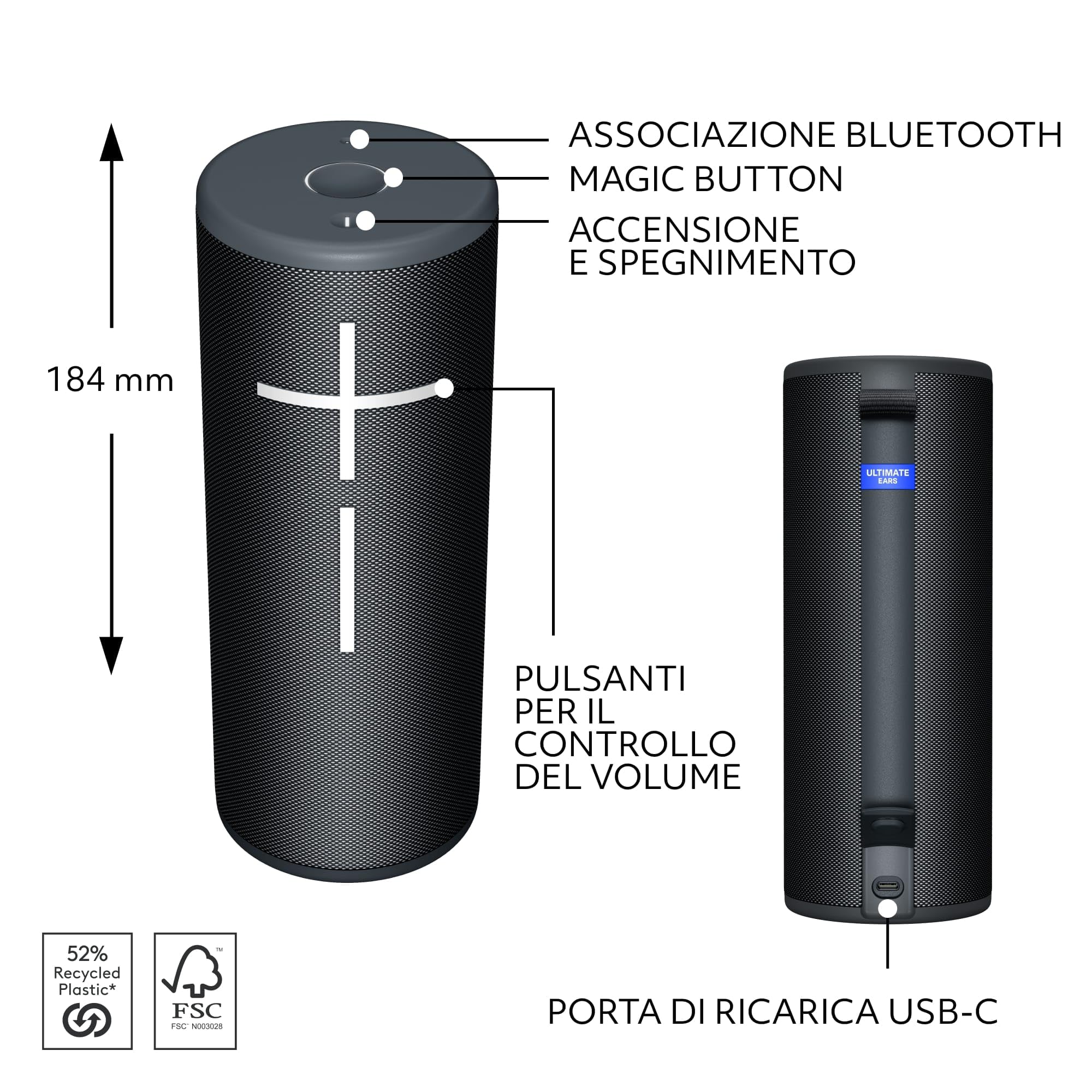 Ultimate Ears BOOM 4, altoparlante portatile Bluetooth, impermeabile e galleggiante, con suono a 360° potente, avvolgente e cristallino, 15 ore di batteria e raggio d’azione di 45 m USB-C - Nero
