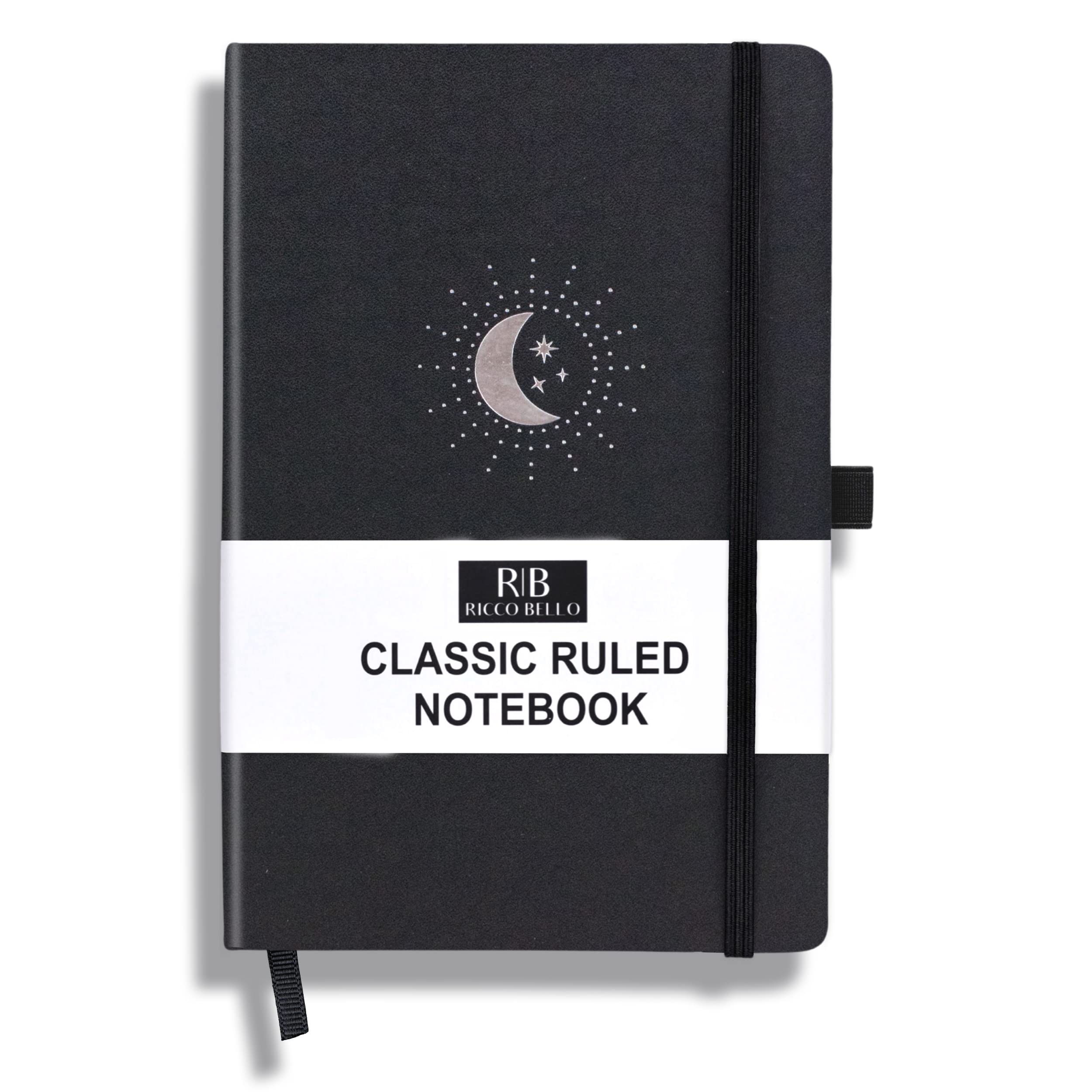RICCO BELLO - Cuaderno clásico con rayas universitarias, diario forrado de piel sintética para escribir, trabajo, hogar, escuela, 192 páginas a rayas, 5.7 x 8.4 pulgadas (luna negra y estrellas)