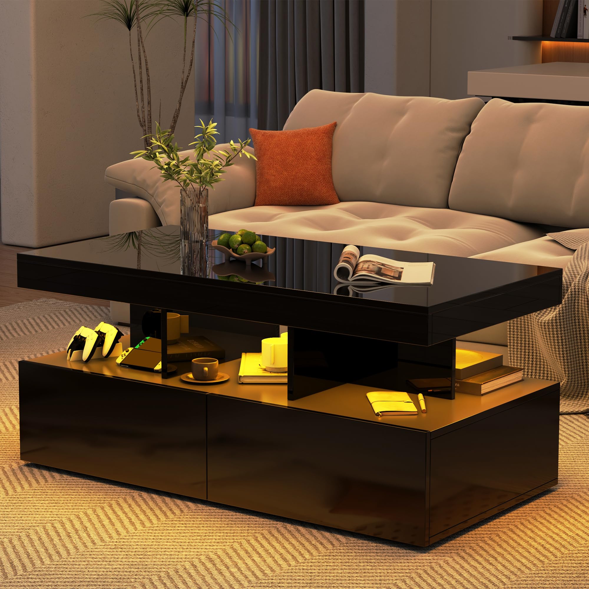 Couchtisch WeiB Hochglanz, Schwebe Couchtischschwarz, Couchtisch Glas mit LED, Wohnzimmertische mit offenem Regal und 2 Schubladen, 104 x 53 x 46cm (Schwarz Doppelschubladen)