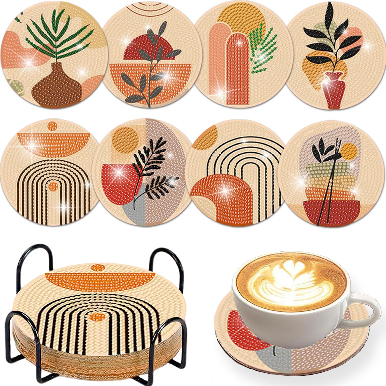 Glvomazty Diamond Painting Coasters with Holder, Set of 8 Bohemian Plants Diamond Painting Set, Diamond Non-Slip Cup Coasters
