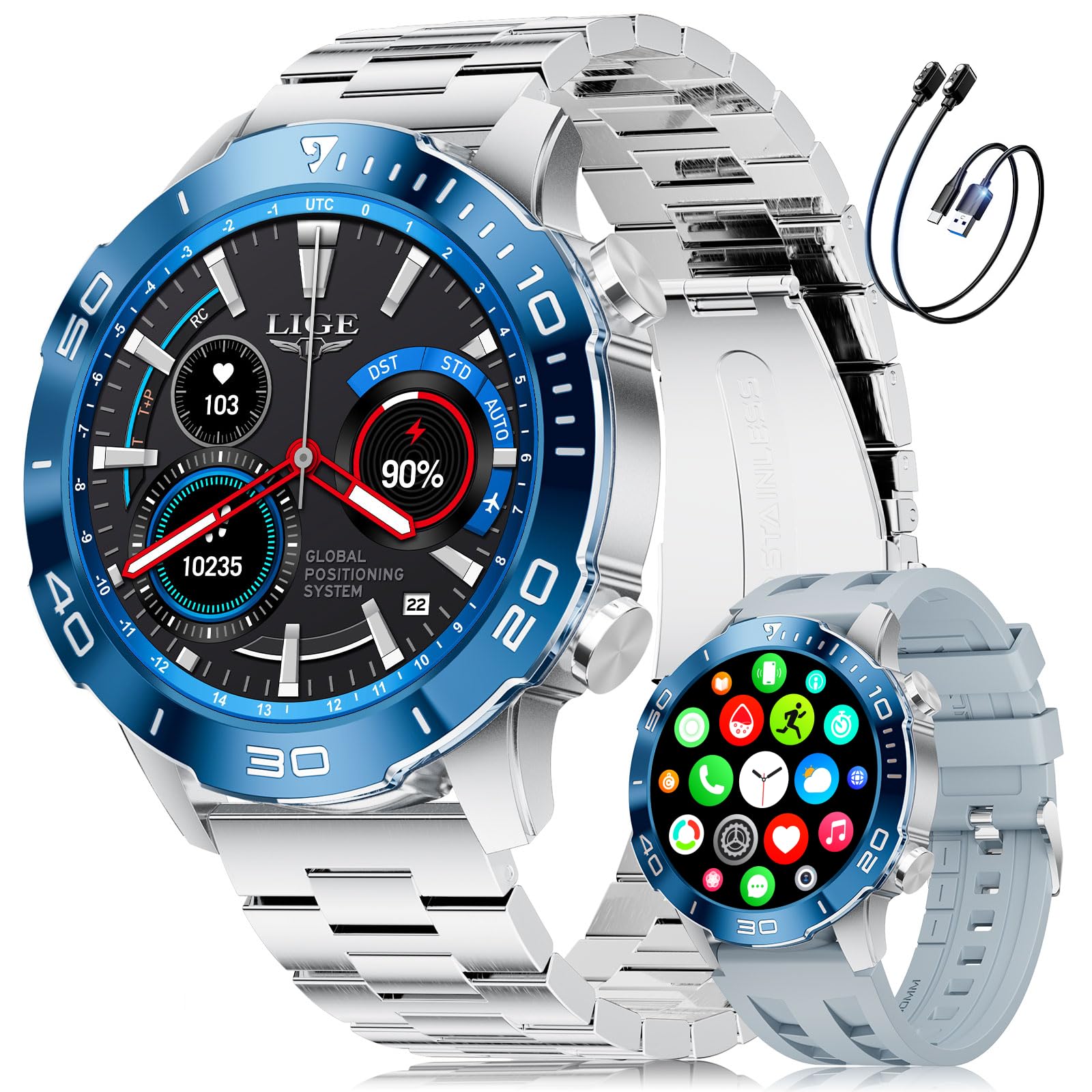 LIGE Smartwatch Herren mit Telefonfunktion, AMOLED Smart Watch für Android/iOS, IP68 Wasserdicht, 24/7 Herzfrequenz/Schlafmonitor, 170+ Sports, 300+ Zifferblätter, Silbernem Gehäuse & Blauer Blende