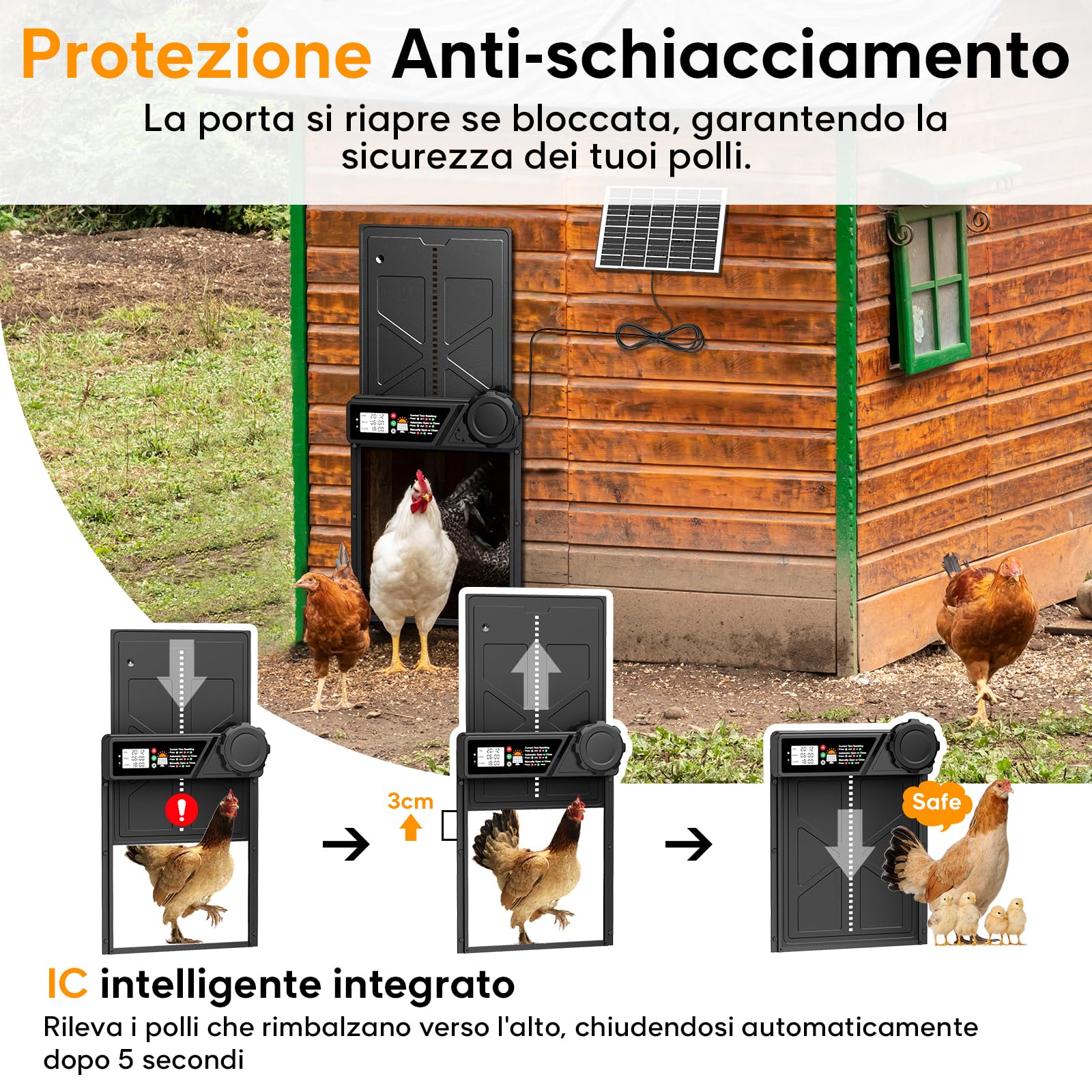 Aluminum Grande Porta Automatica Pollaio Solare, MASTERFUN Porta Pollaio Automatica con Display, Timer, Telecomando, Porta per Pollaio Automatica, Antipizzicamento, Impermeabile