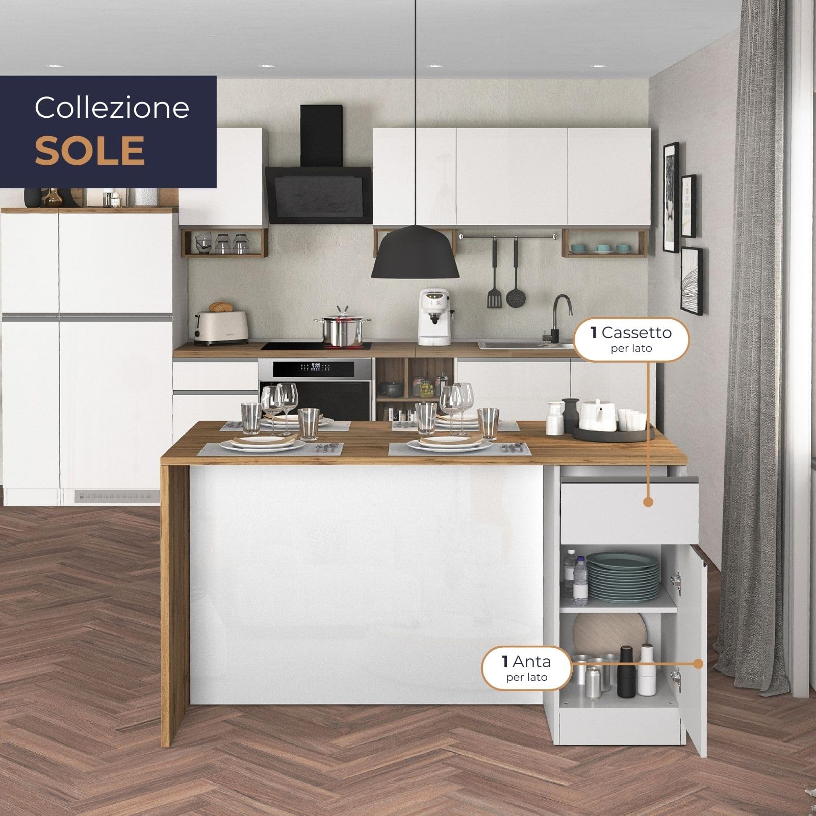 WHOUS Isola Cucina SOLE con 2 Ante e 2 Cassetti, Tavolo da Pranzo e Piano di Lavoro, Ideale per Open Space e Spazi Ridotti, 160x90x90 cm, Bianco Lucido e Rovere