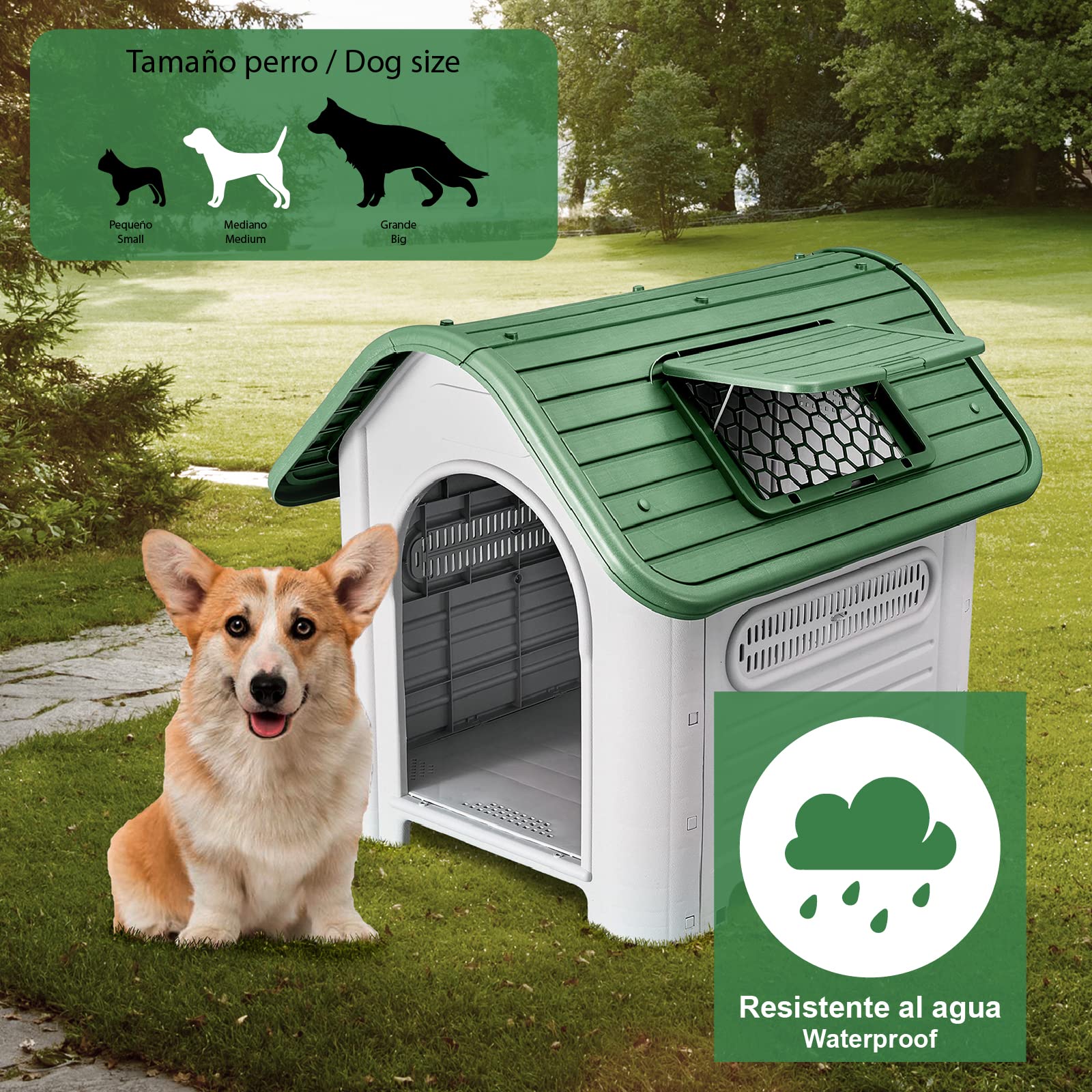 GARDIUN KZT1007 - Caseta de Perro Dakota Resina 87x72x75 cm Diseño Beige y Verde con Rejilla de Ventilación Lateral para Perros Medianos con Suelo Elevado y Ventana