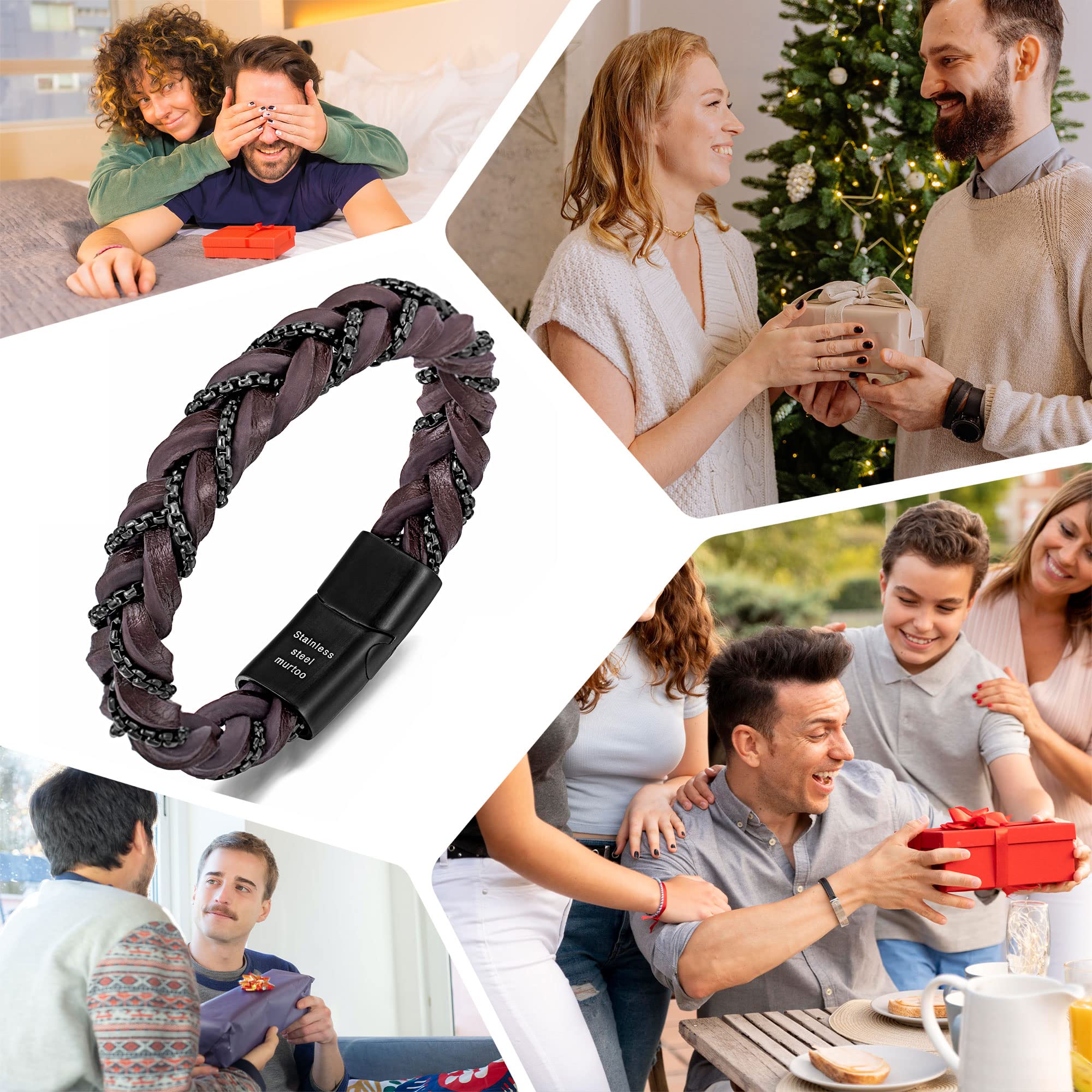 murtoo Bracelets « Manilles de la liberté » pour homme, bracelets en cuir tressé avec chaînes en acier et fermoir magnétique, cadeau élégant pour homme