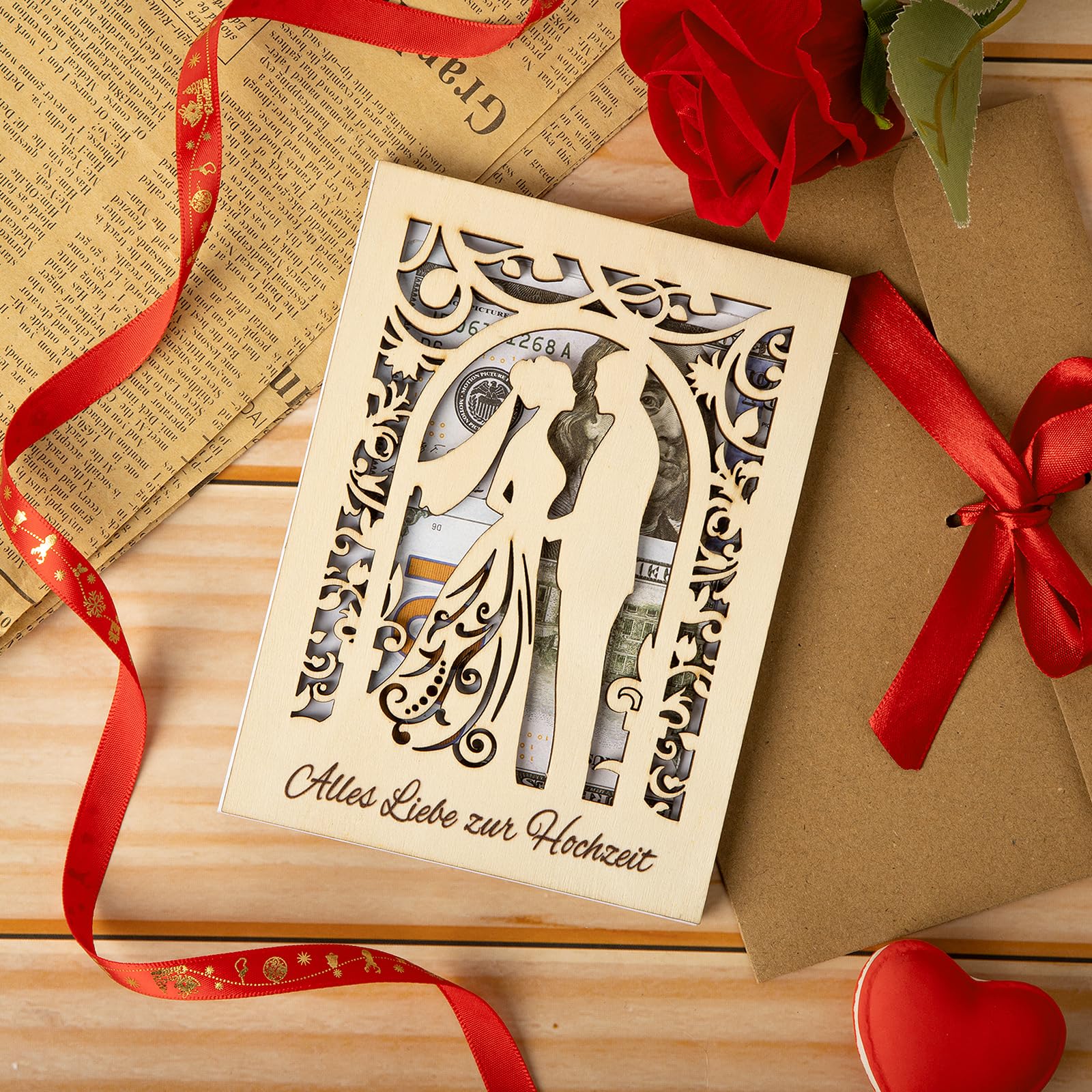 COCHIE Wedding Card Wooden with Envelope Money Gift Card for Wedding Money Gift Packaging Happy Greeting Card for Wedding Wedding Gifts for Bride and Groom - Image 4