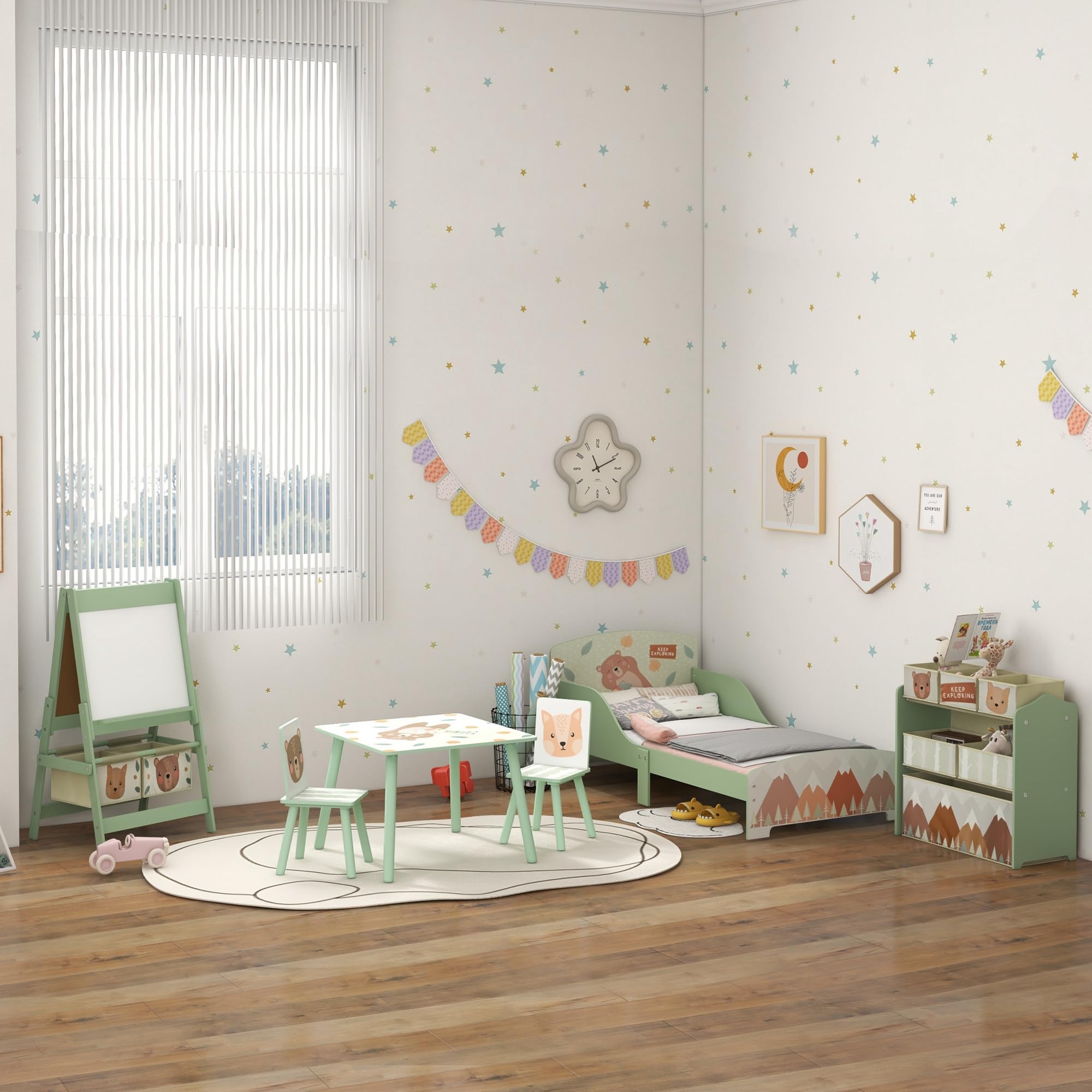 ZONEKIZ Cama Infantil de Madera 143x77x60 cm Cama para Niños de 3-6 Años con Barreras de Protección y Estampados Carga Máx. 40 kg Mueble de Dormitorio Moderno Verde
