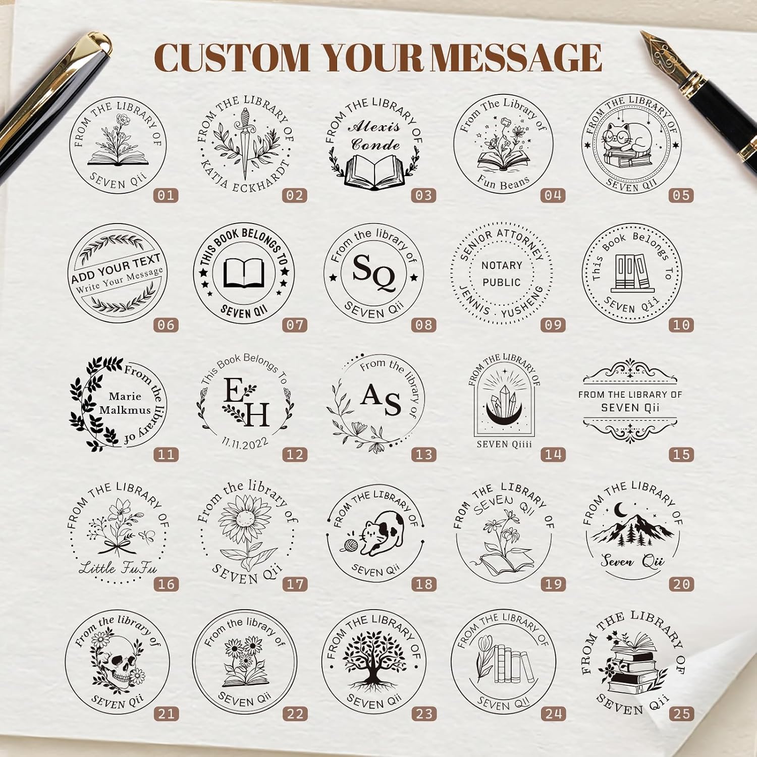 Personalized Book Embosser – Custom Logo Embosser Stamp with Floral Cat Monogram Design, Ex Libris from the Library of, Gift for Readers and Book Lovers - 42mm