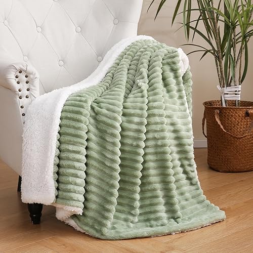 Sage Green Sherpa Fleece Throw Blanket 50”×60” for Couch Sofa