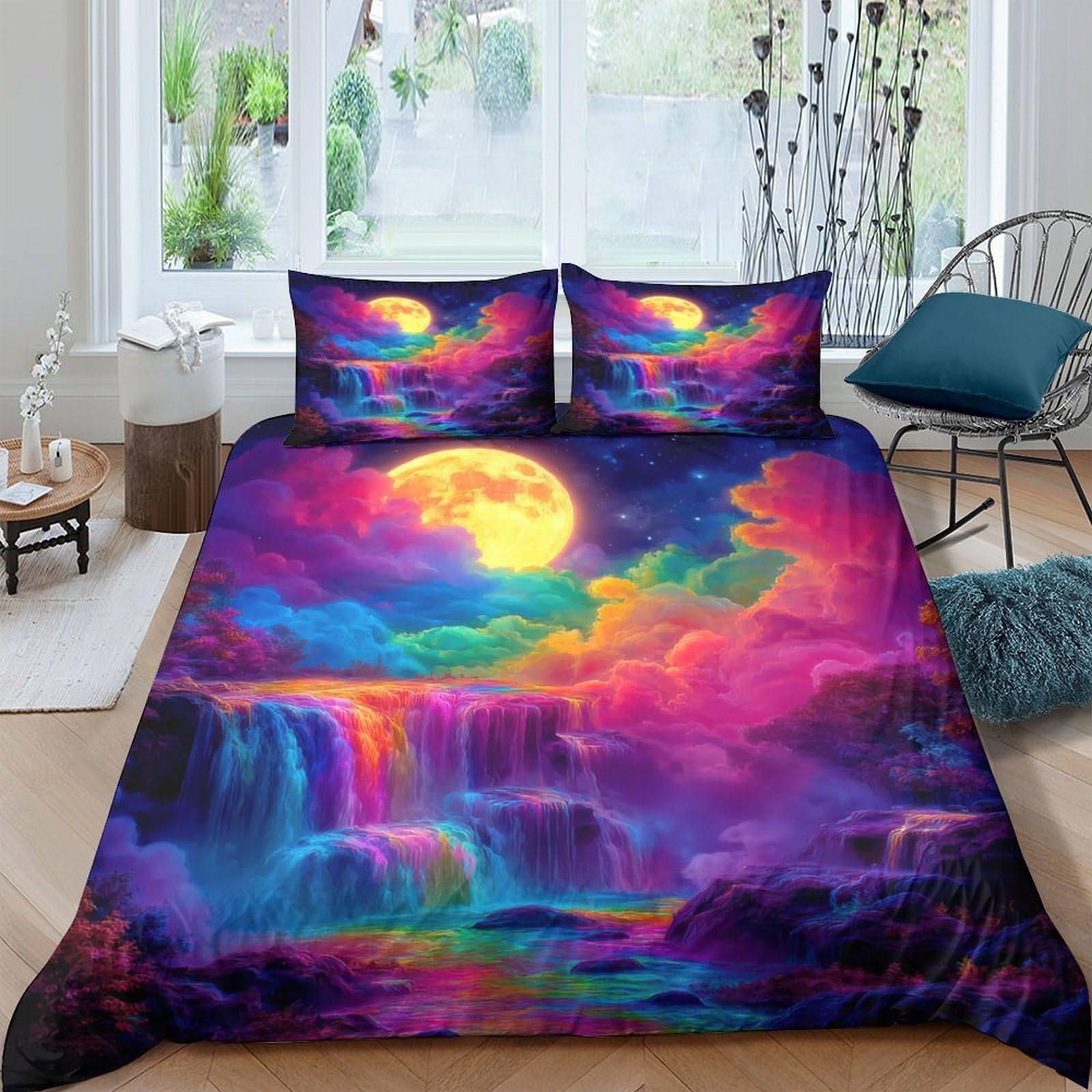 Ctjqhvkz Style-8 3D Printed Moonlit Waterfall Fitted Sheet Microfiber Colorful Dream Bed Sheet For Bedroom Guestroom Decor Single（135X200cm）