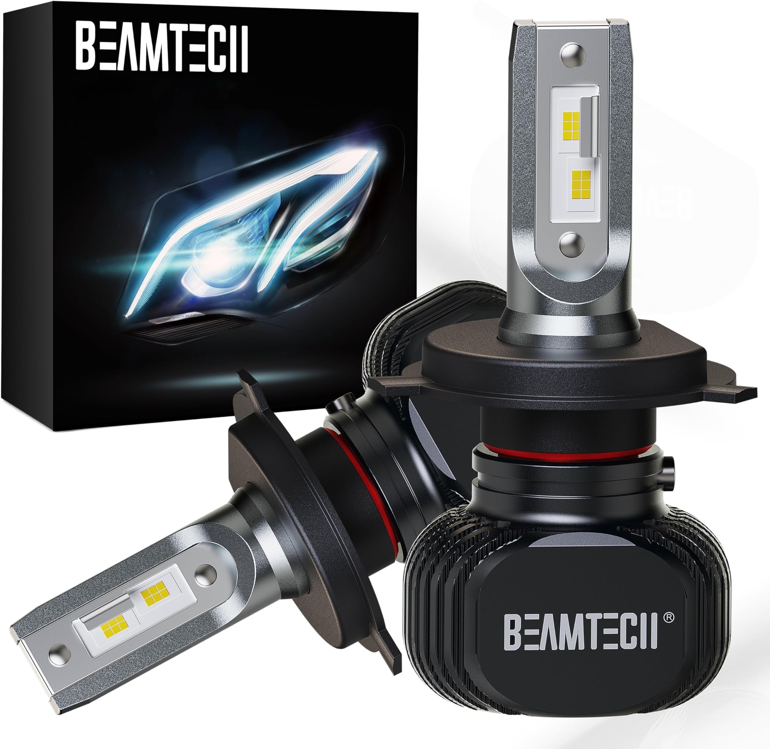 BEAMTECH H-4 Bulbs, S1 Series 900-3 Fanlsess 300% Brighter 6500K White Fog Light, 2 Bulbs