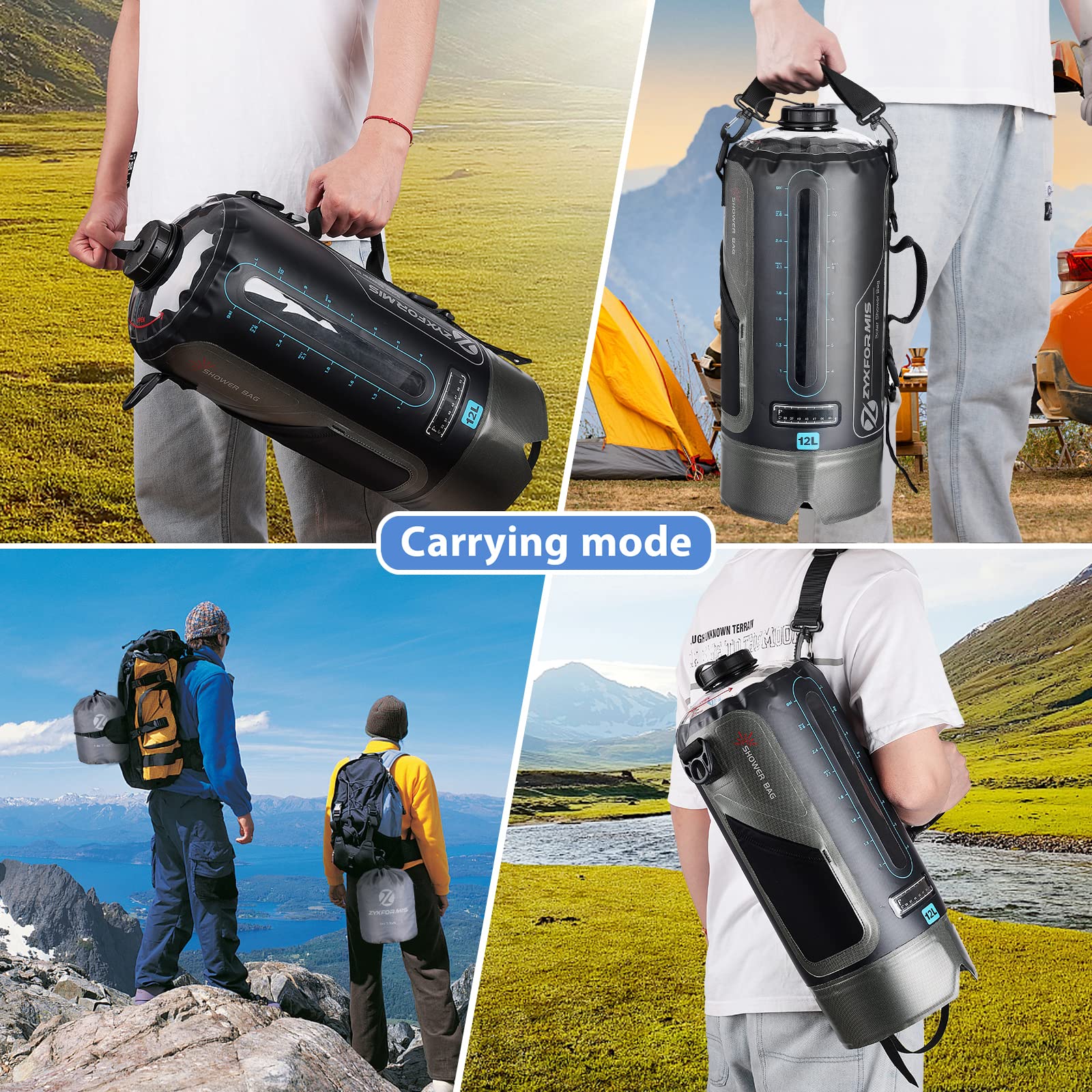 Doccia da Campeggio Portatile 12 L con Display e Pompa a Pedale | TPU resistente, sacca pieghevole, finestra trasparente, doppio raccordo, tubo rimovibile, getto regolabile, spiaggia, animali