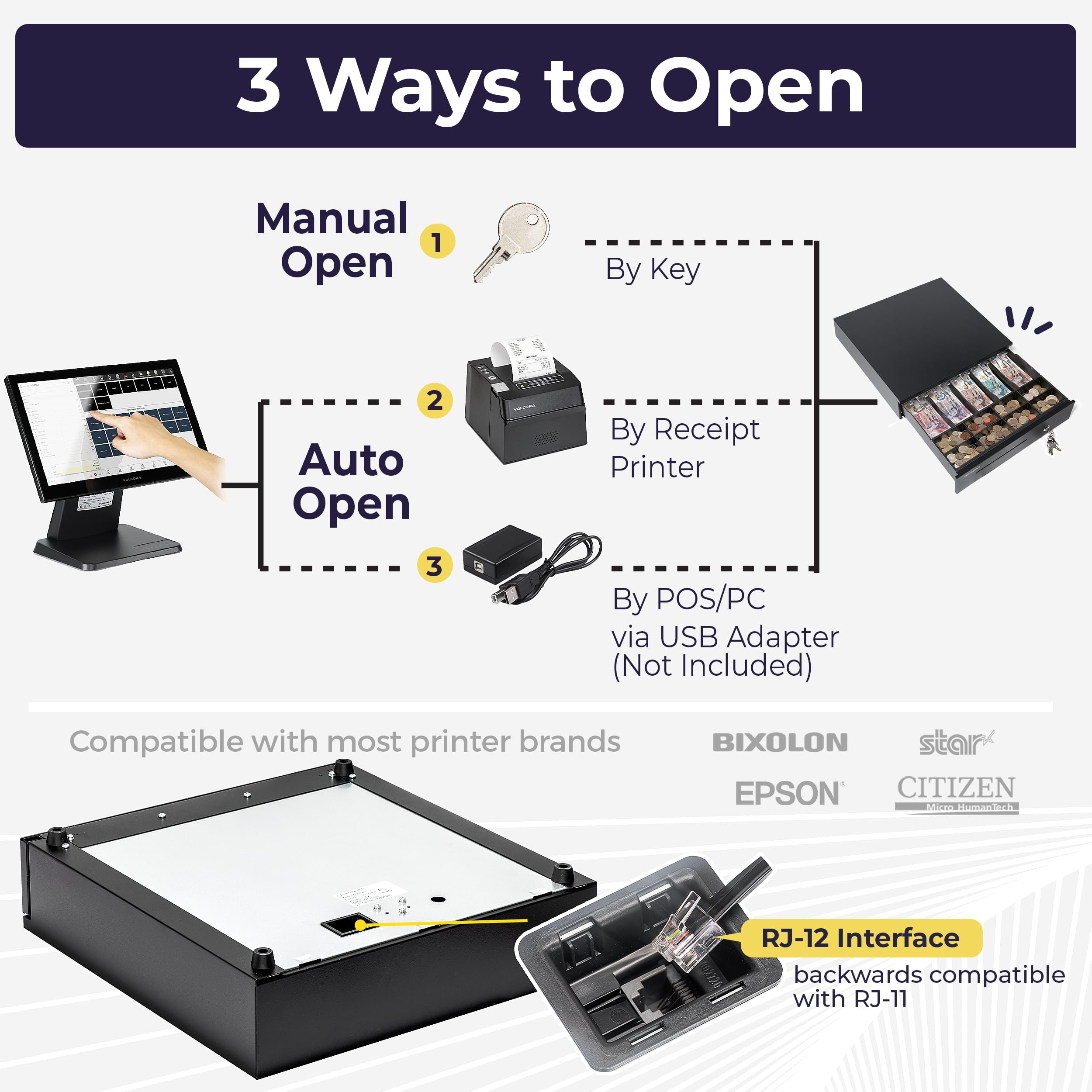Volcora Cajón electrónico de caja registradora para sistema de punto de venta (POS), 5 billetes/8 monedas, 16 pulgadas con ranuras ajustables para monedas, 12-24 V, cerradura de llave RJ11/RJ12